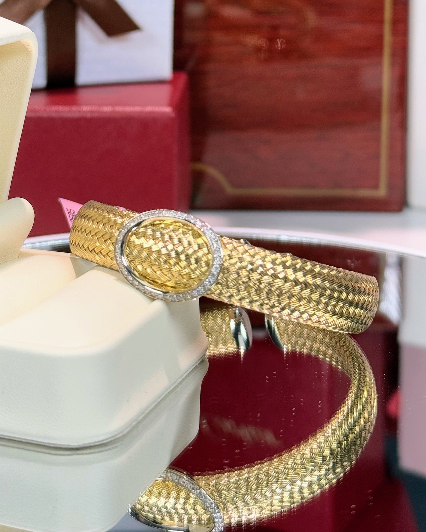 Bamboo Weave Mat Design 14k Yellow Gold Bangle