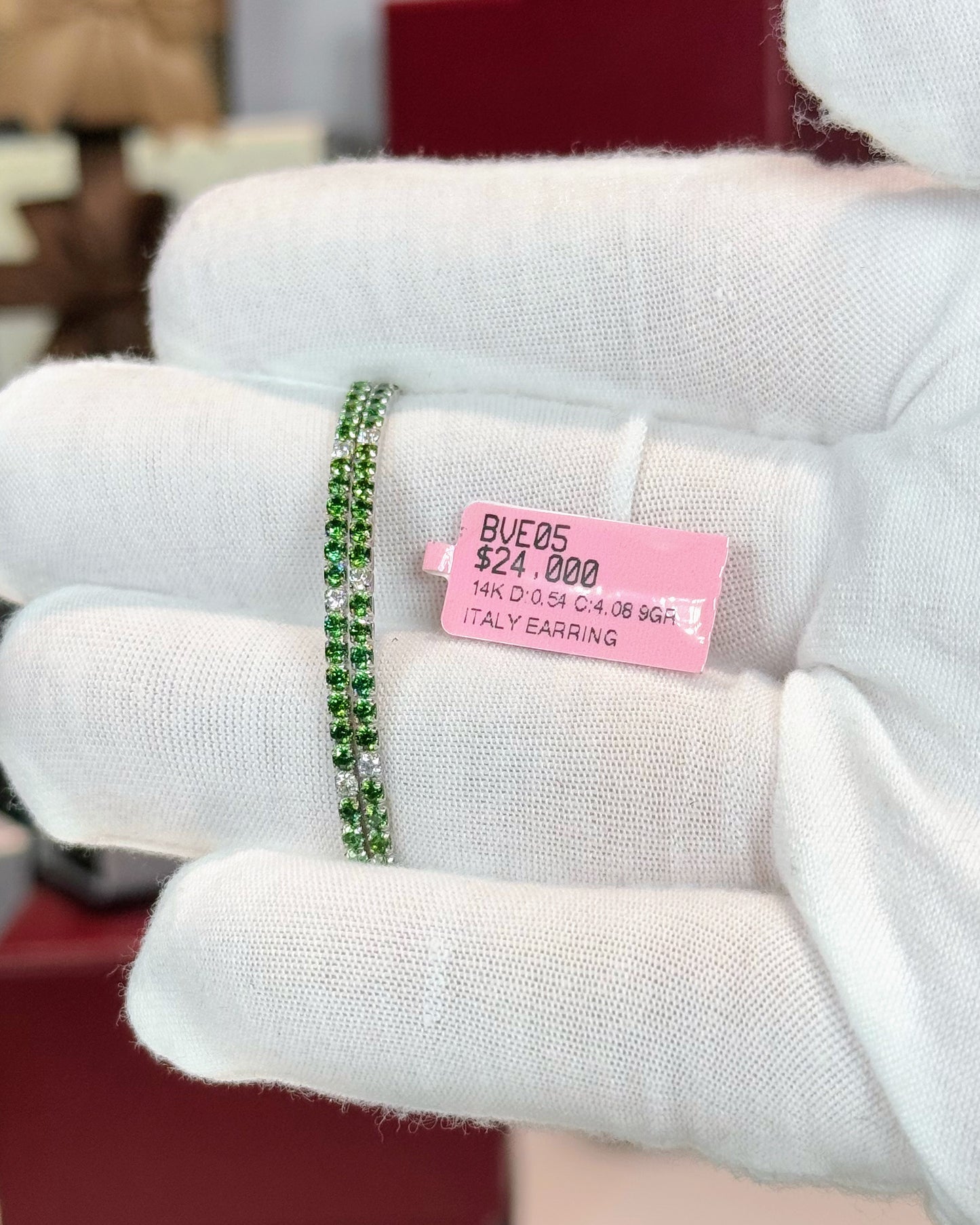 Color Stone and Diamond Hoop 14k White Gold Earrings (Green)