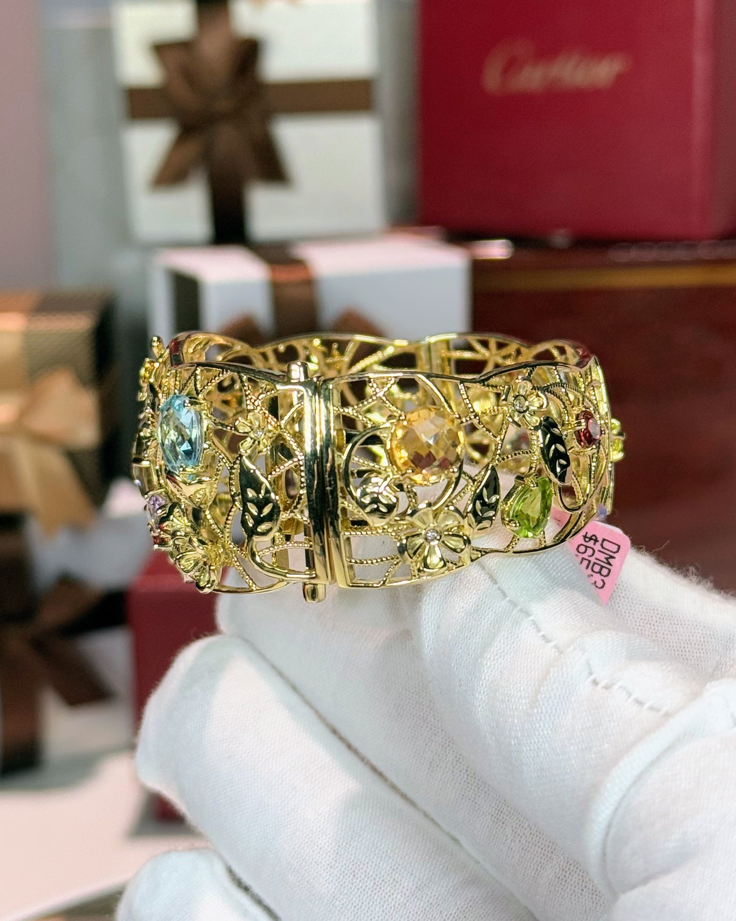 Assorted Color Stones Flower Vines 14k Yellow Gold Bangle