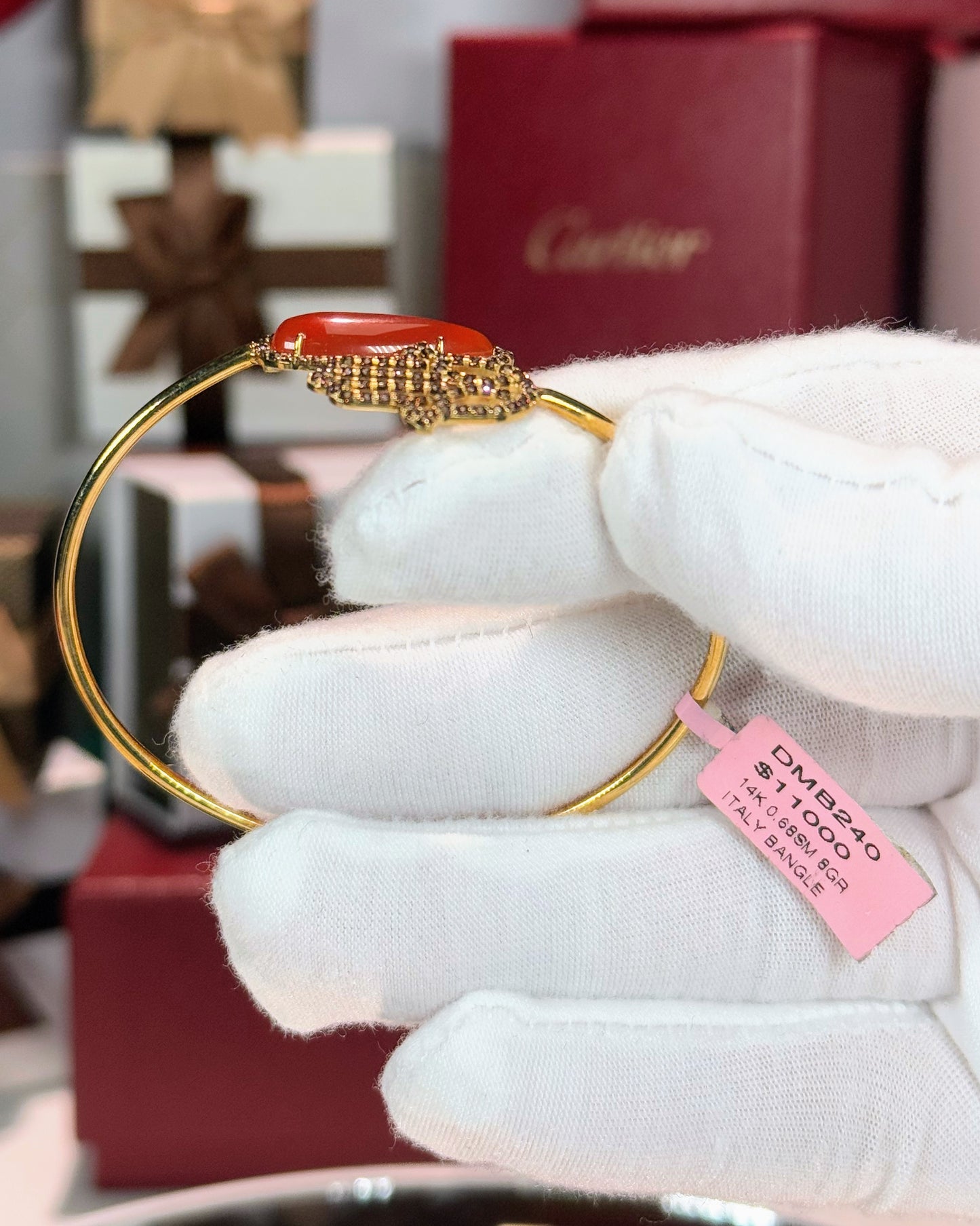 14k Yellow Gold Red Agate and Hand Diamond Bypass Bangle