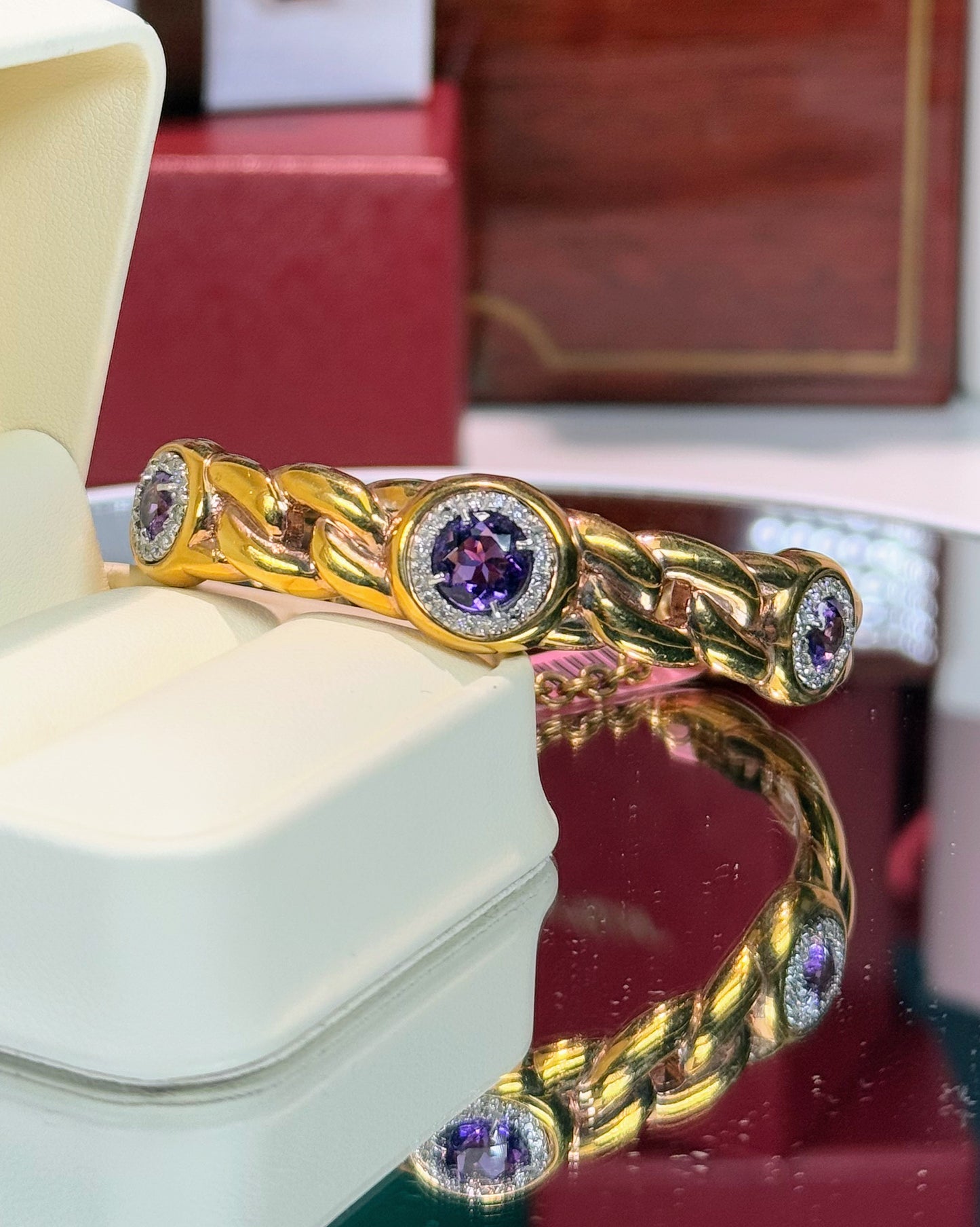 Amethyst and Diamond 14k Yellow Gold Chain Bracelet