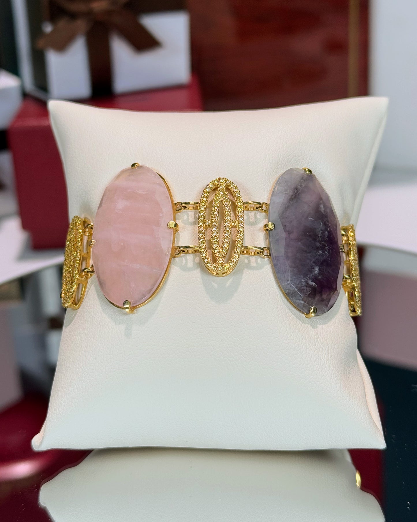 Amethyst and Rose Quartz Stretch 14k Yellow Gold Bracelet