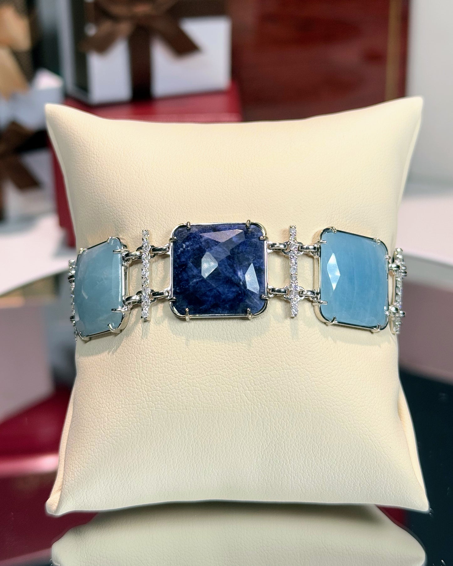 Sapphire and Aquamarine Stretch 14k White Gold Bracelet