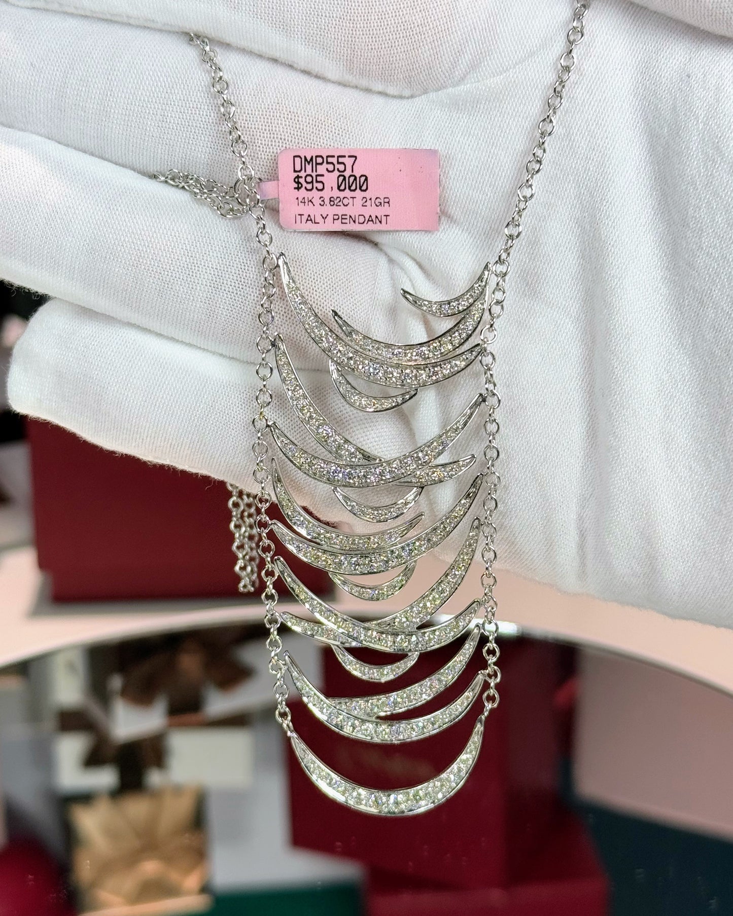 14k White Gold Multi-layered Crescents Diamond Necklace