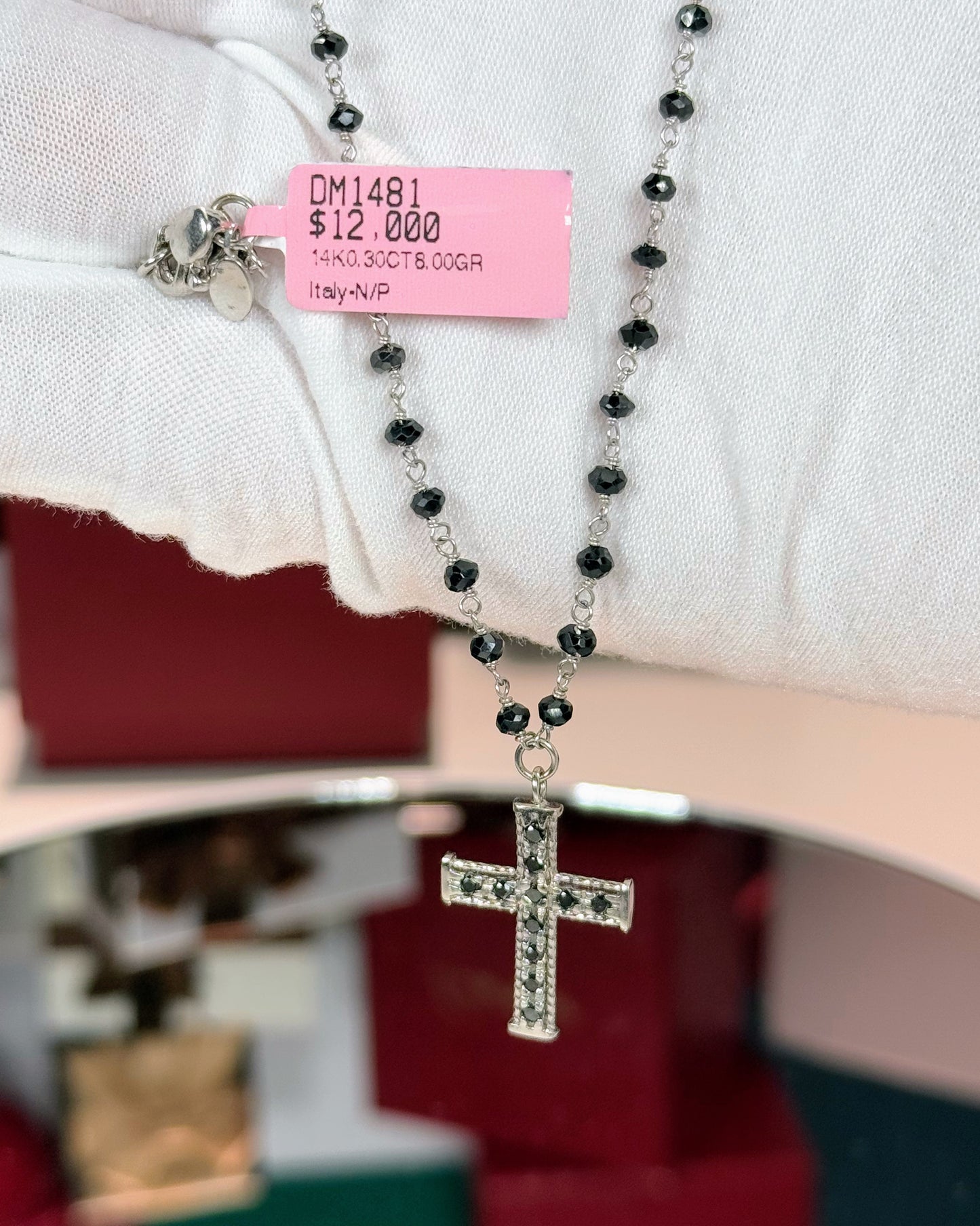 14k White Gold Black Diamond Rosary