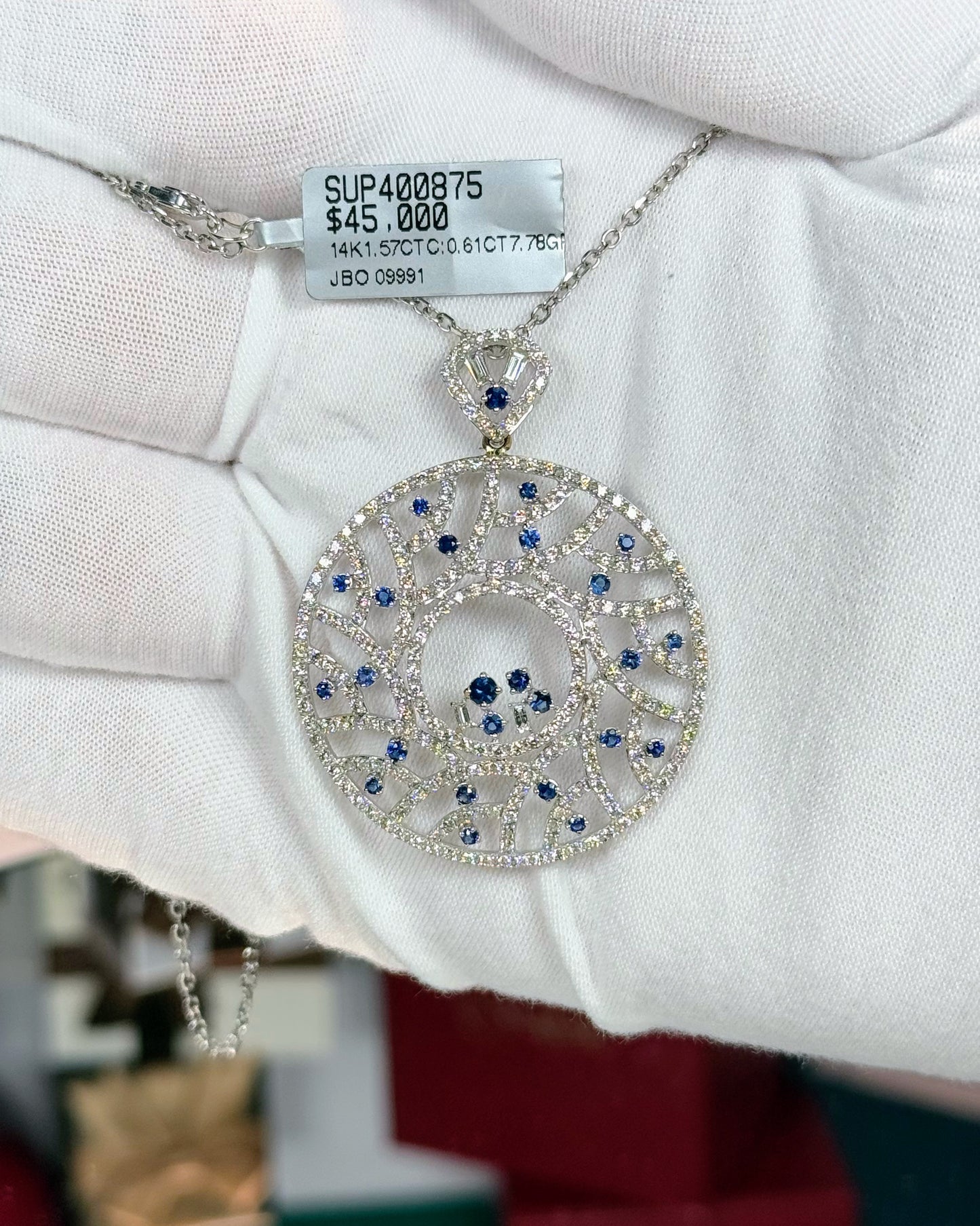 White Gold Sapphire and Diamond Pendant 14k White Gold Necklace