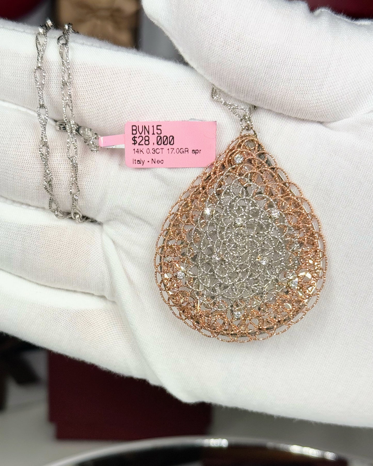 Raindrop Filigree 14k 2 Color Pendant 14k White Gold Matinee Necklace