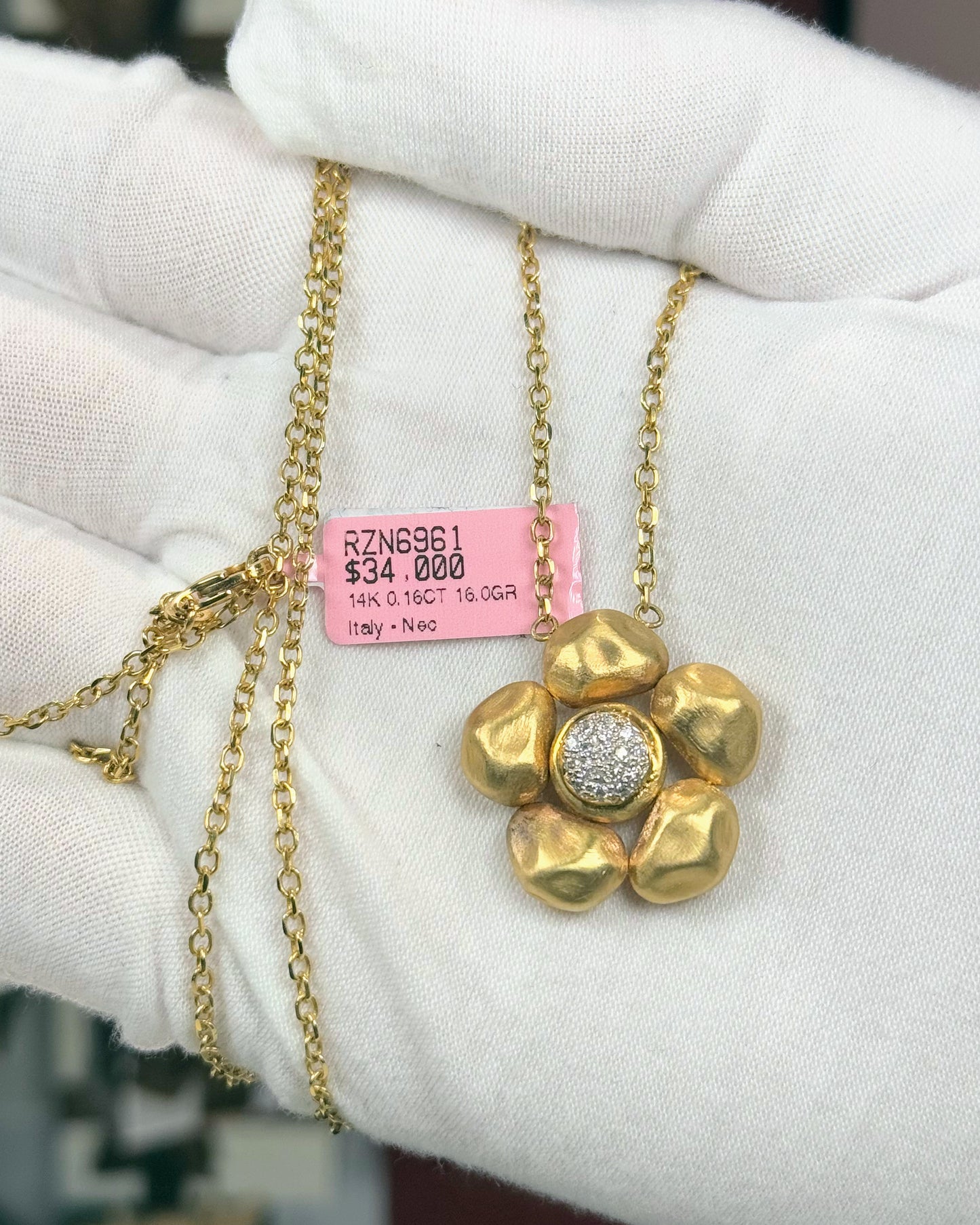 14k Yellow Gold Flower Pendant Opera Necklace