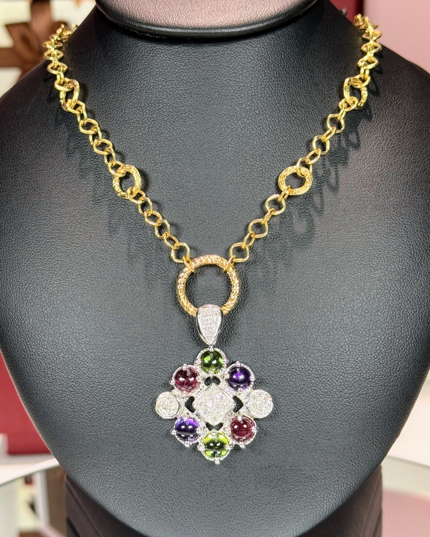14k White Gold Colorstone Pendant and 14k Yellow Gold Necklace