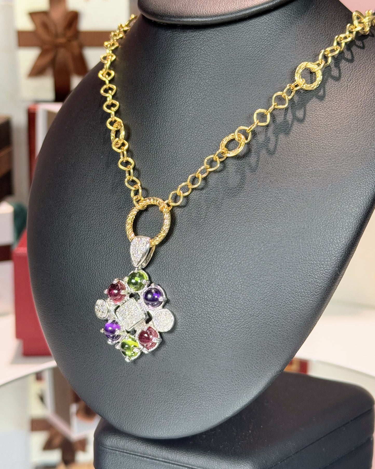 14k White Gold Colorstone Pendant and 14k Yellow Gold Necklace