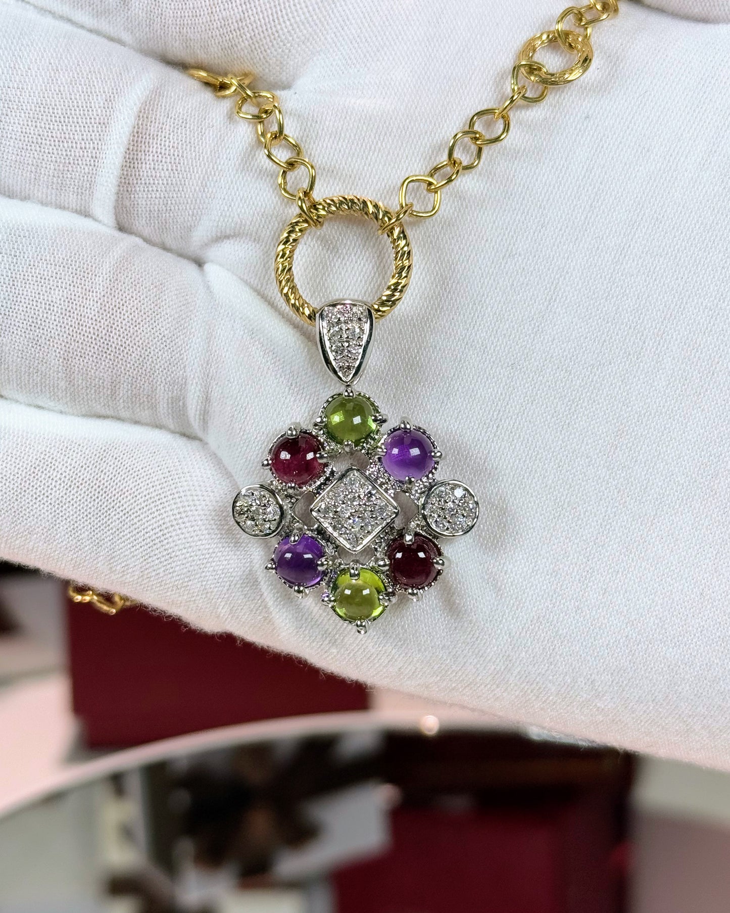 14k White Gold Colorstone Pendant and 14k Yellow Gold Necklace
