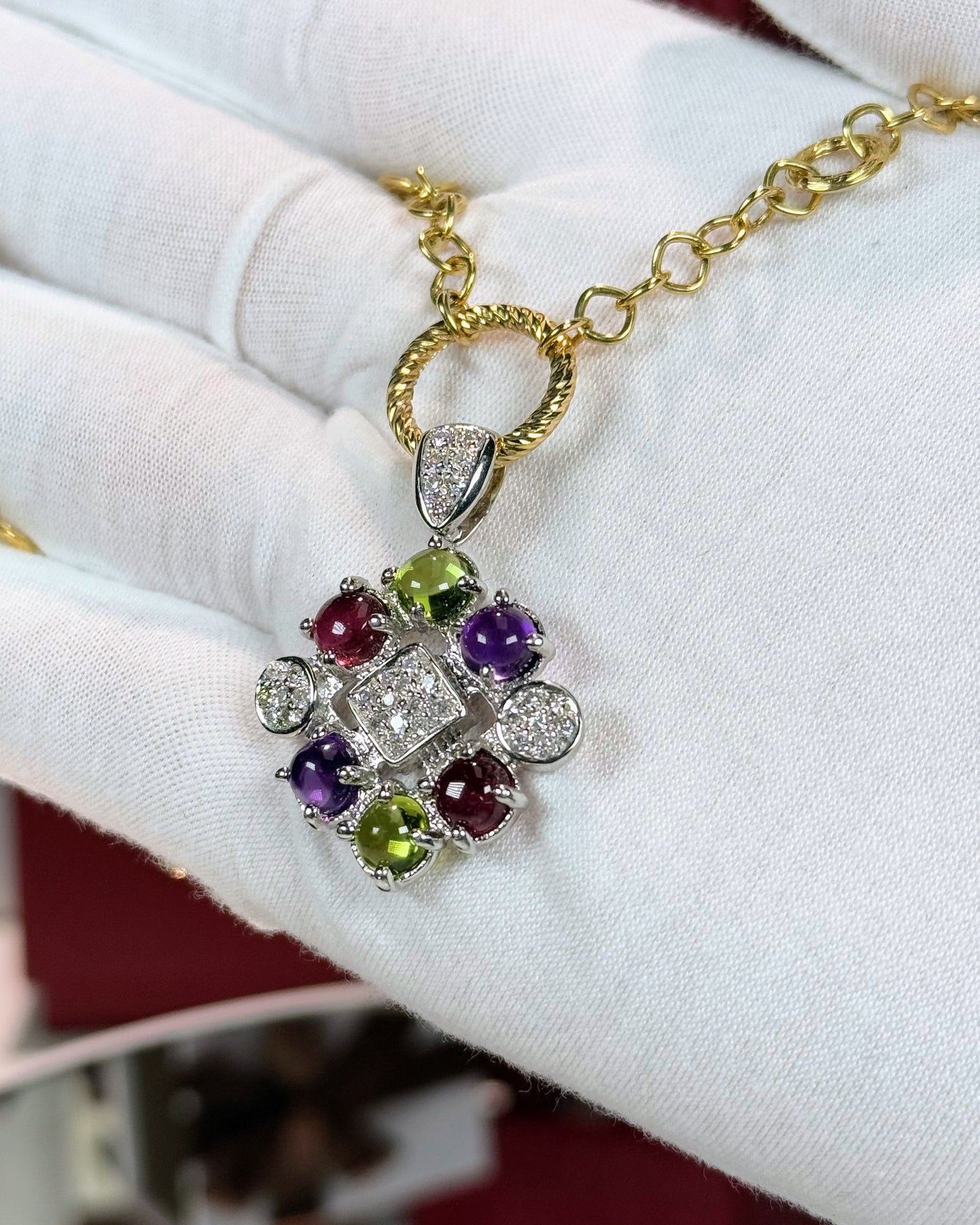 14k White Gold Colorstone Pendant and 14k Yellow Gold Necklace