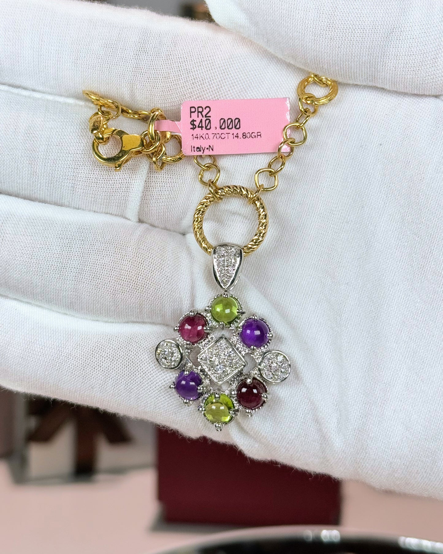 14k White Gold Colorstone Pendant and 14k Yellow Gold Necklace