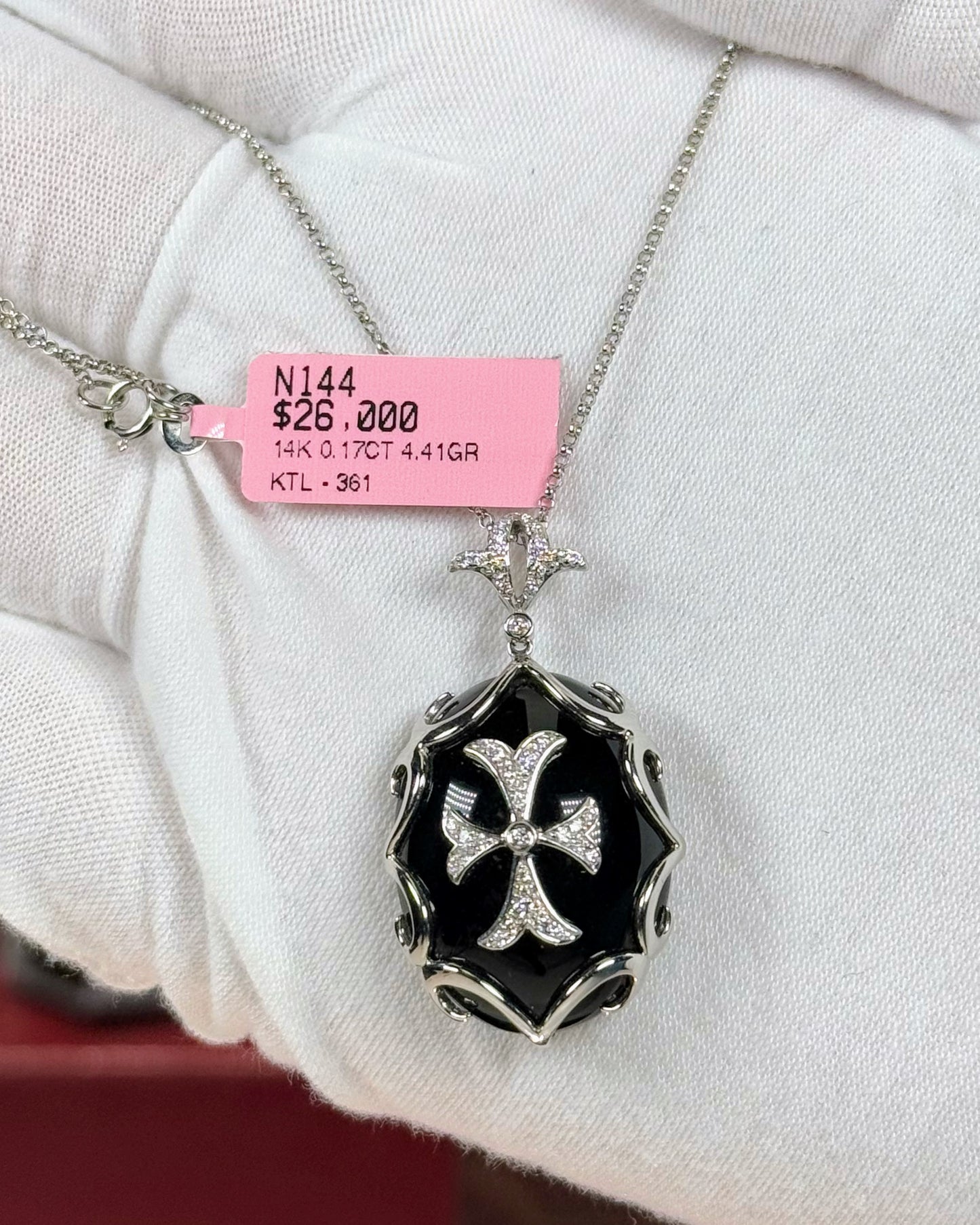 Onyx Templar Cross Pendant 14k White Gold Necklace