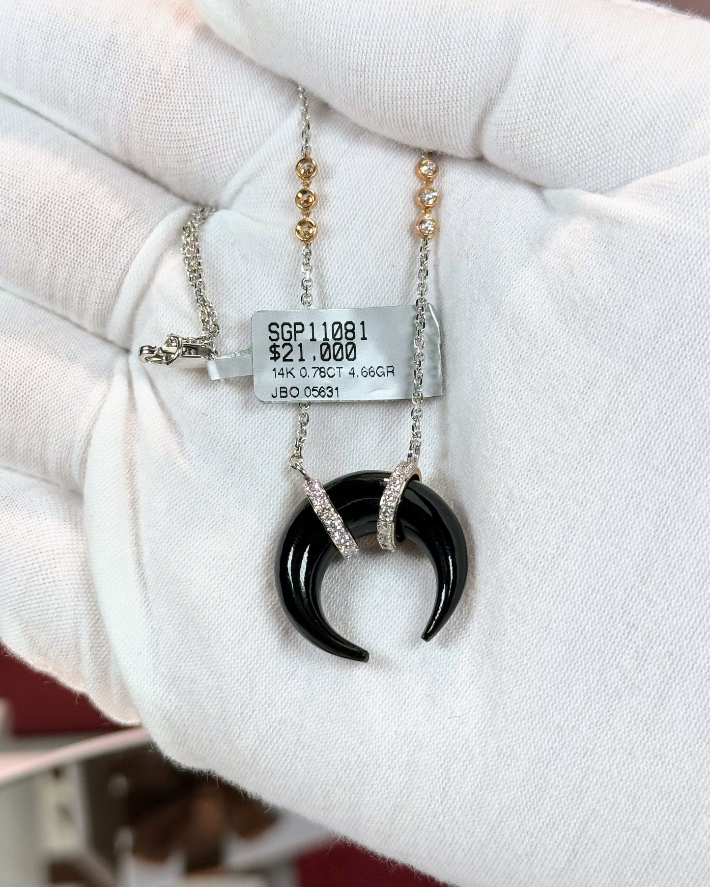 Onyx Crescent Pendant 14k White Gold Necklace