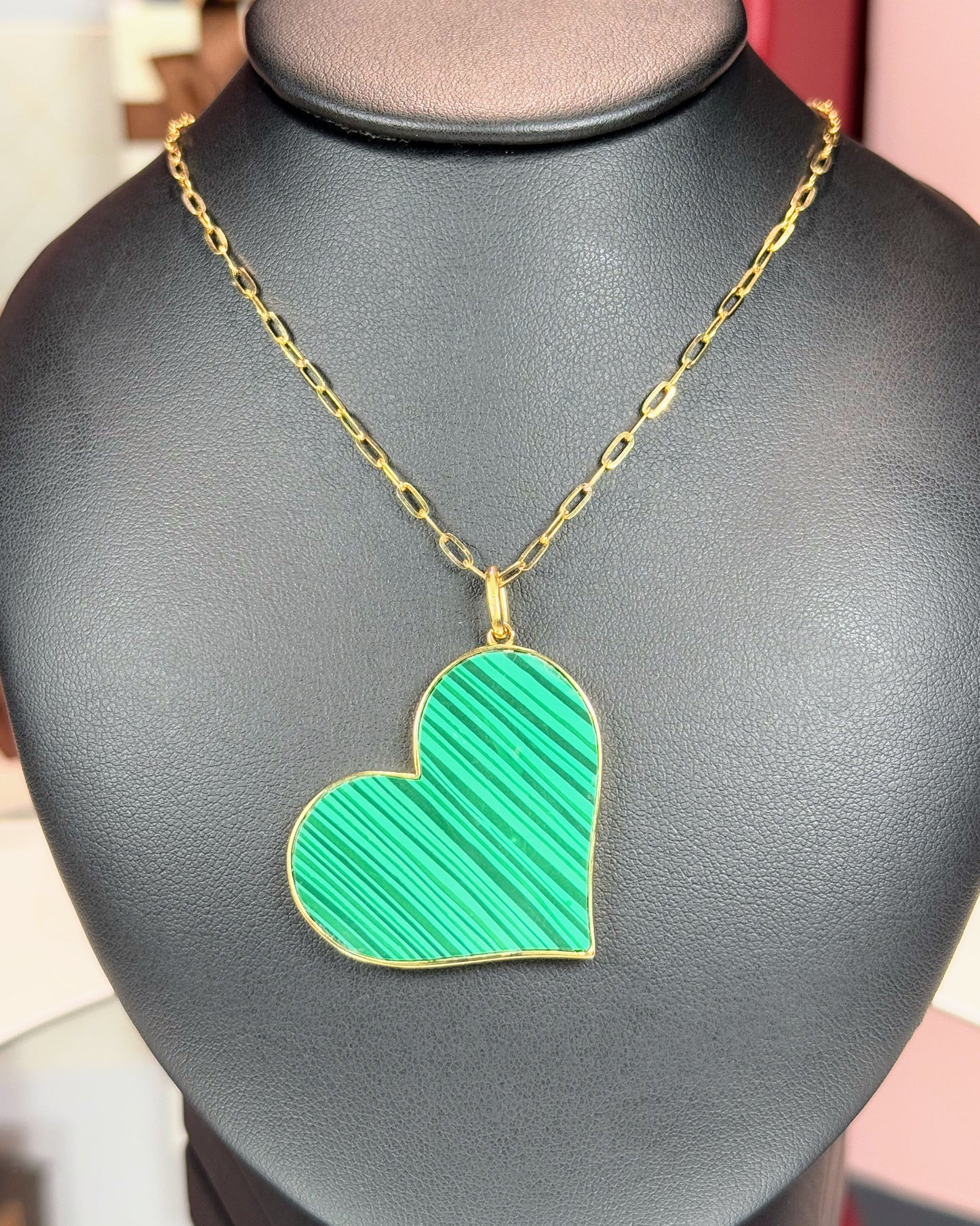 Malachite Heart Pendant 14k Yellow Gold Necklace