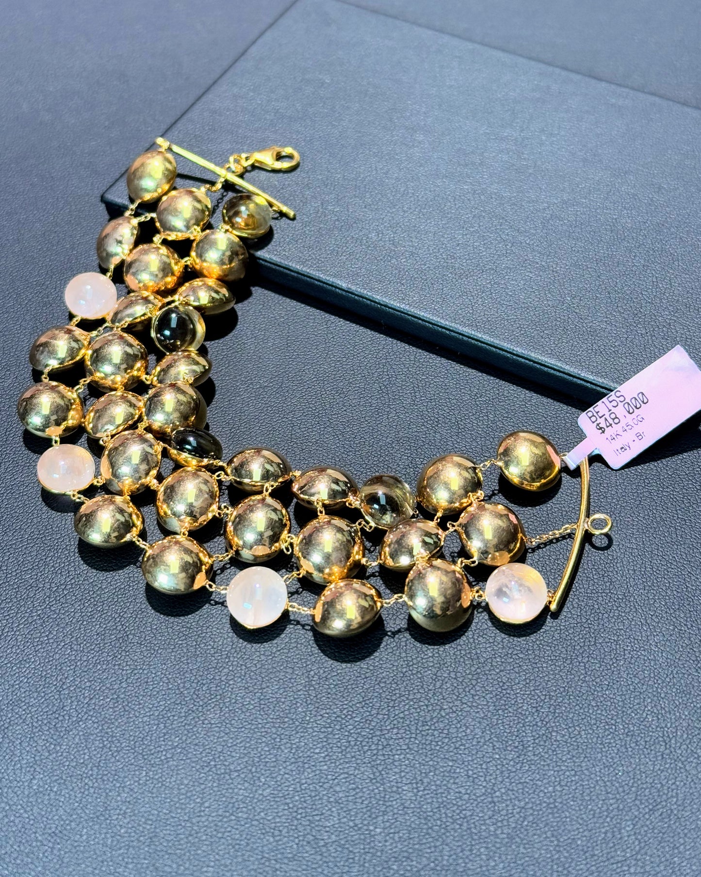 14k Yellow Gold Rose Quartz and Smoky Quartz Three Layer Bracelet