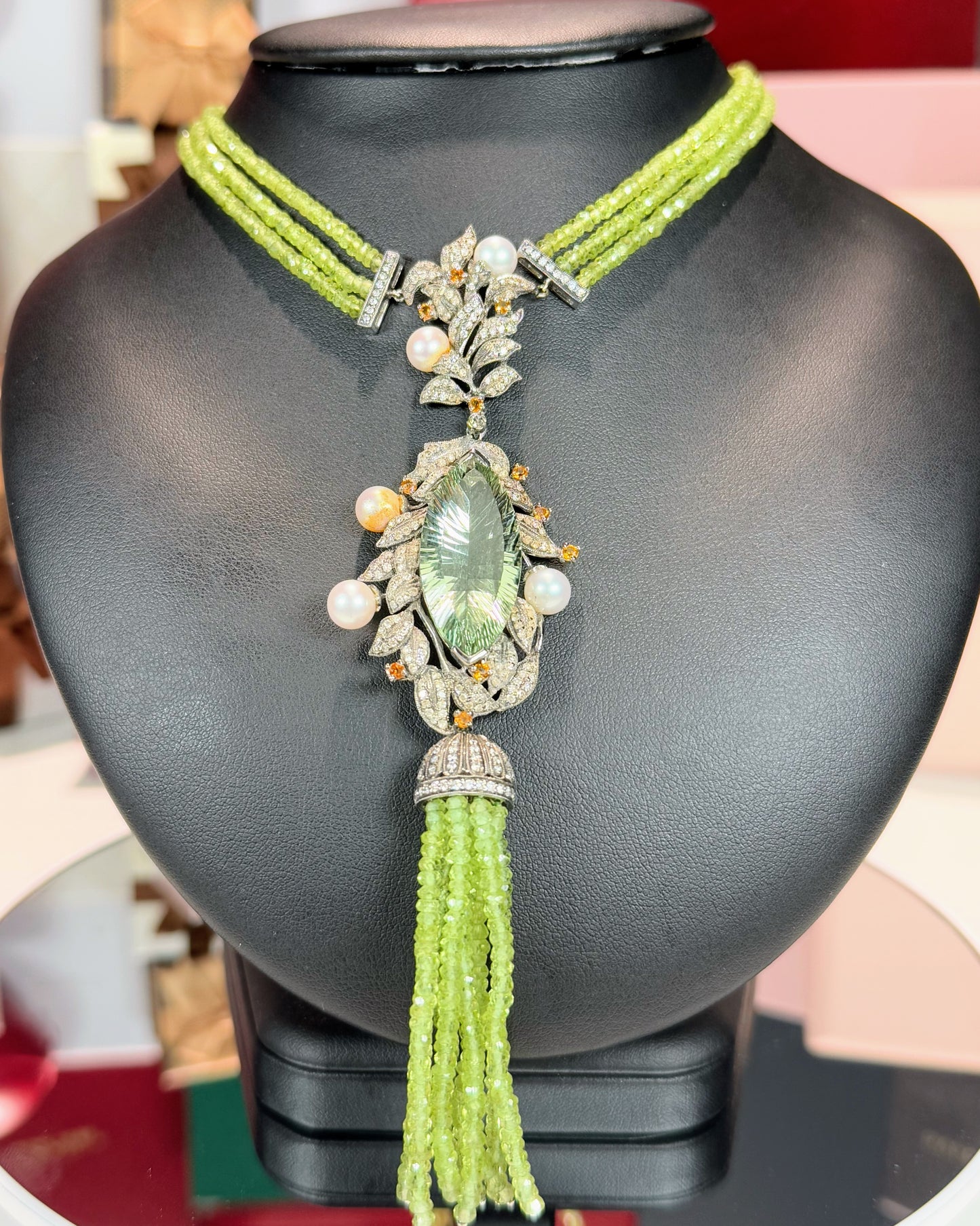 14k White Gold Peridot Tassel Necklace