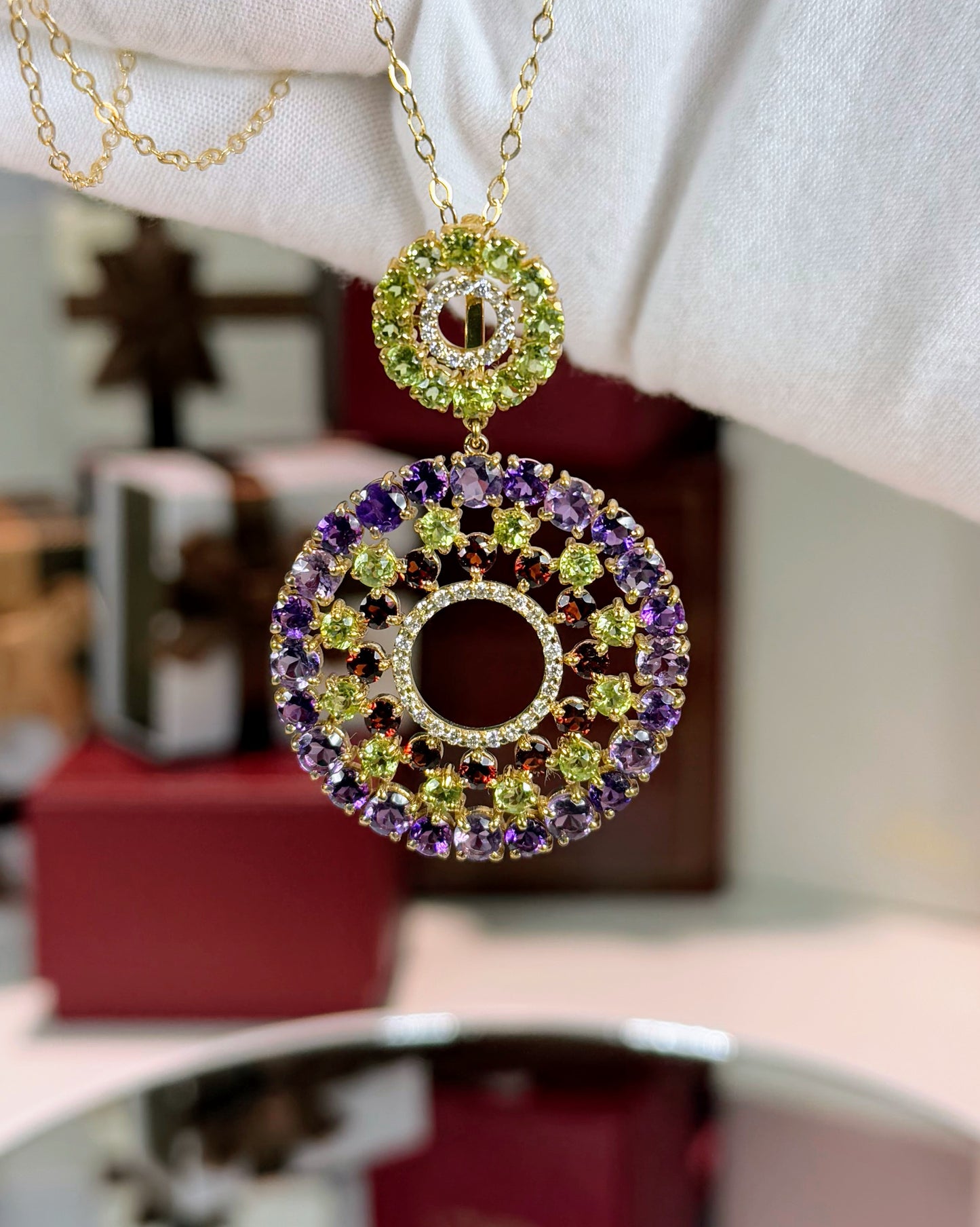 14k Yellow Gold Colorful Gemstones Pendant Necklace