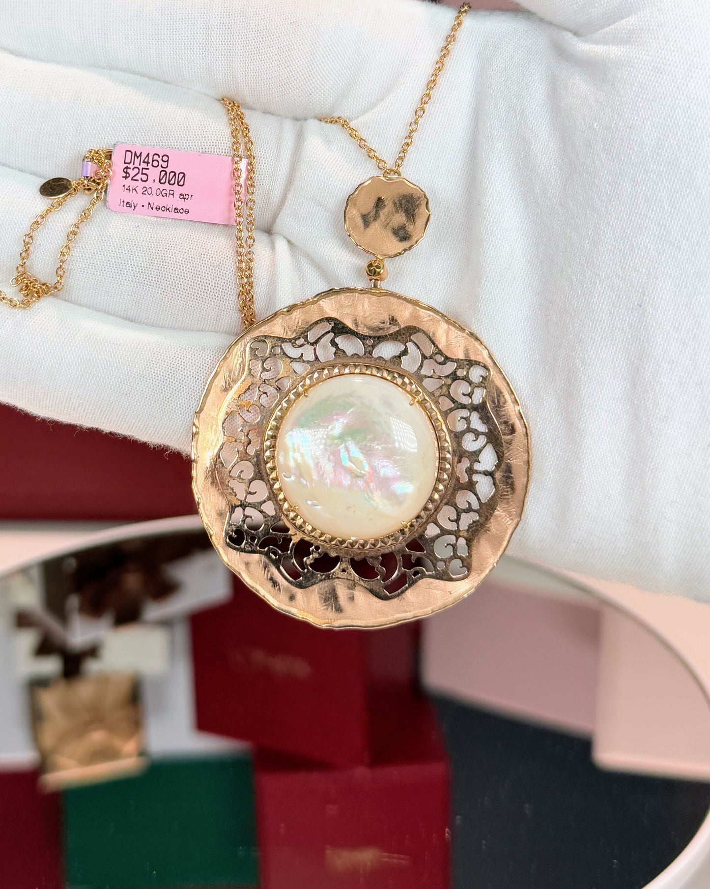 Mother of Pearl Filigree 14k Rose Gold Pendant Necklace