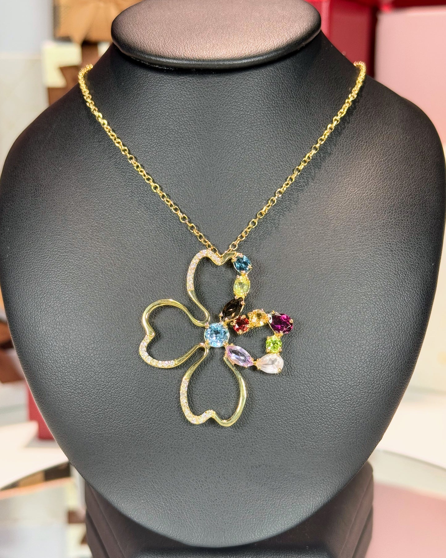 Assorted Colorstones Four Leaf Clover Design 14k Yellow Gold Pendant Necklace