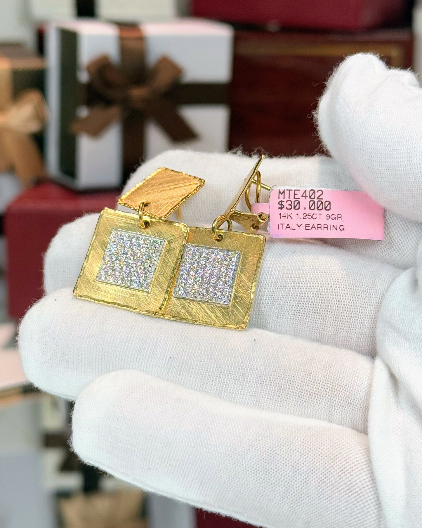 Square 14k Yellow Gold Diamond Earrings