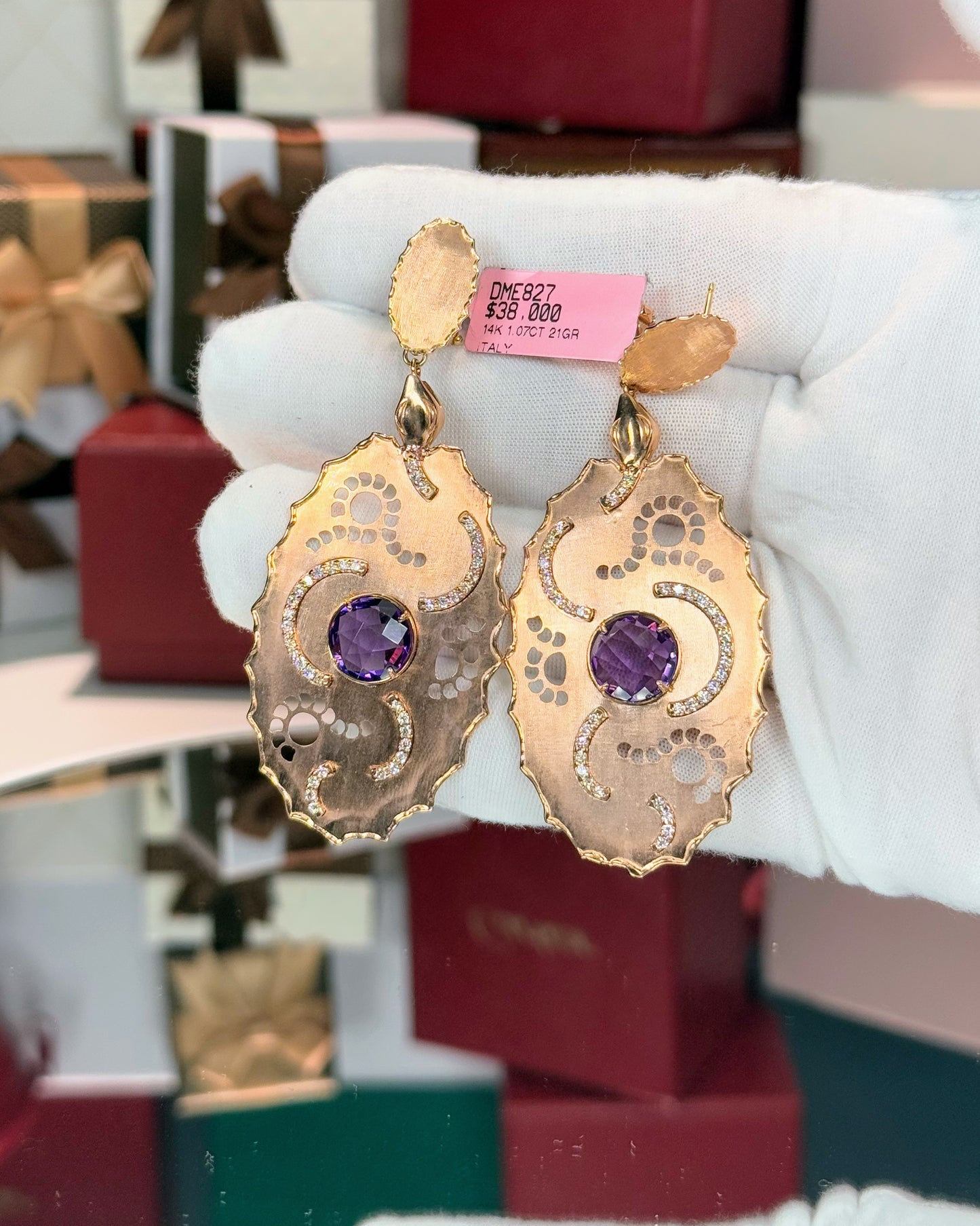 14k Rose Gold Amethyst Diamond Earrings