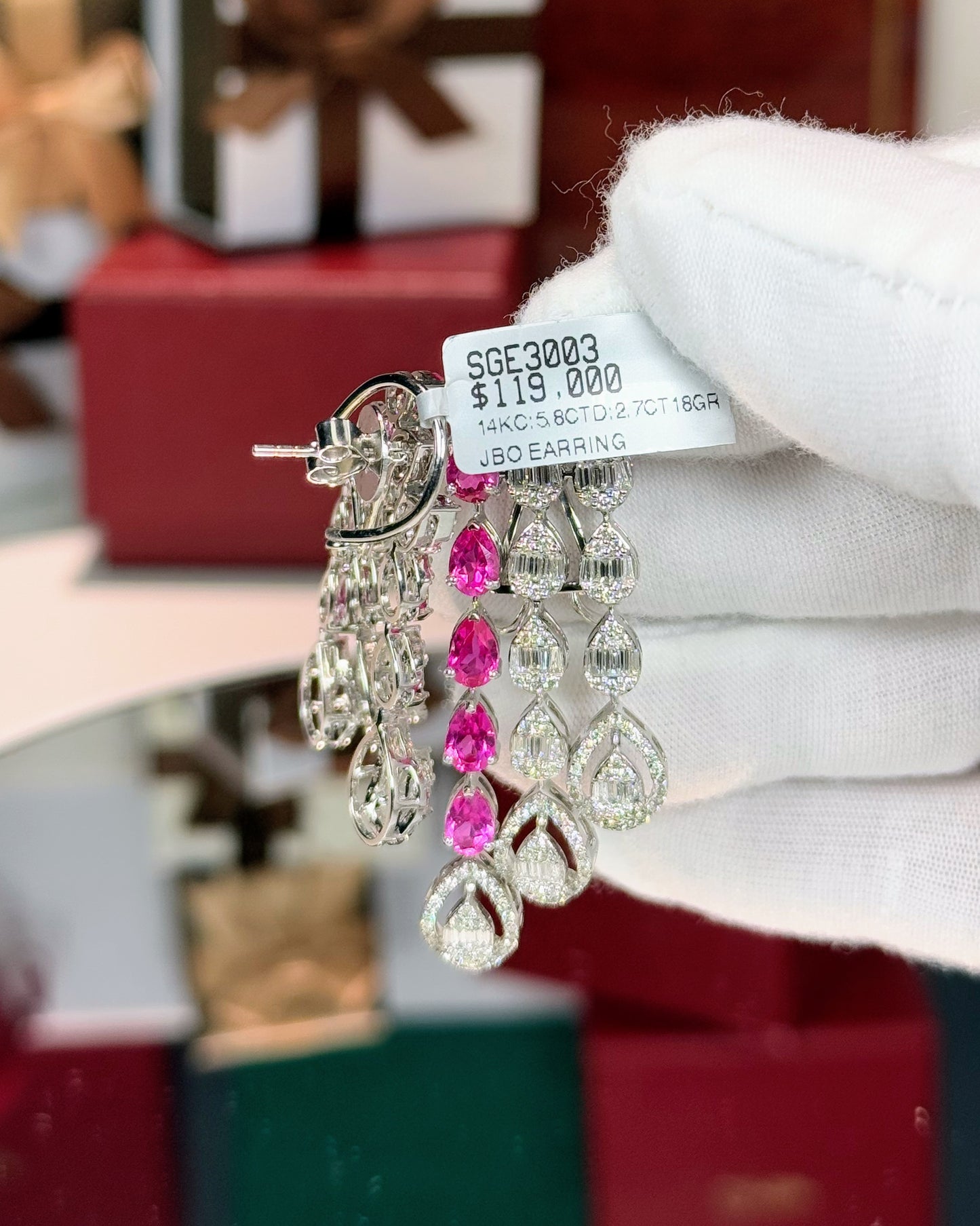 14k White Gold Raindrops Pink Sapphire and Diamond Earrings