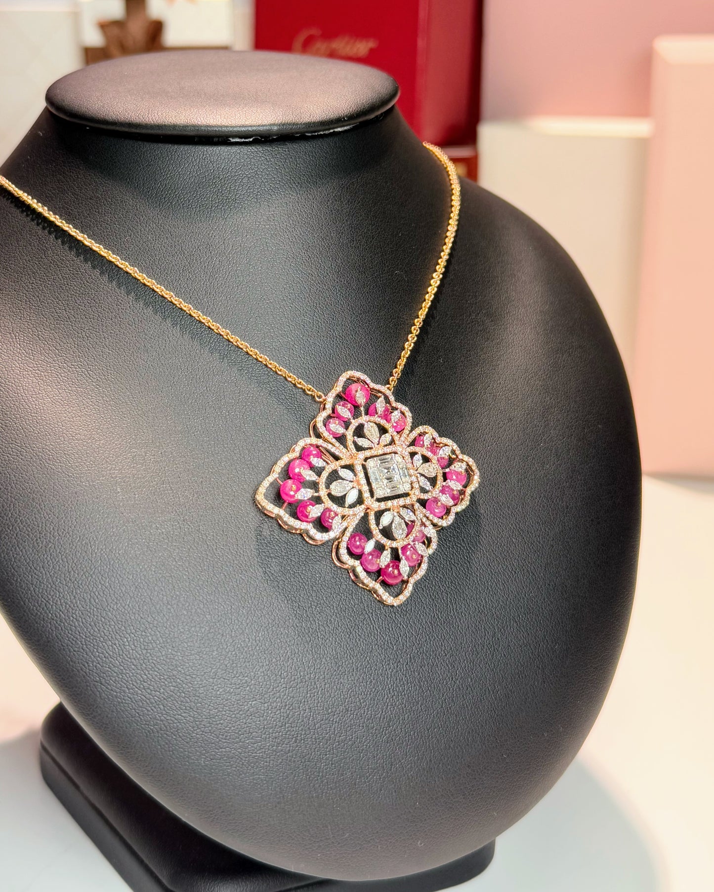 Diamond and Ruby Pendant 14k Rose Gold Necklace