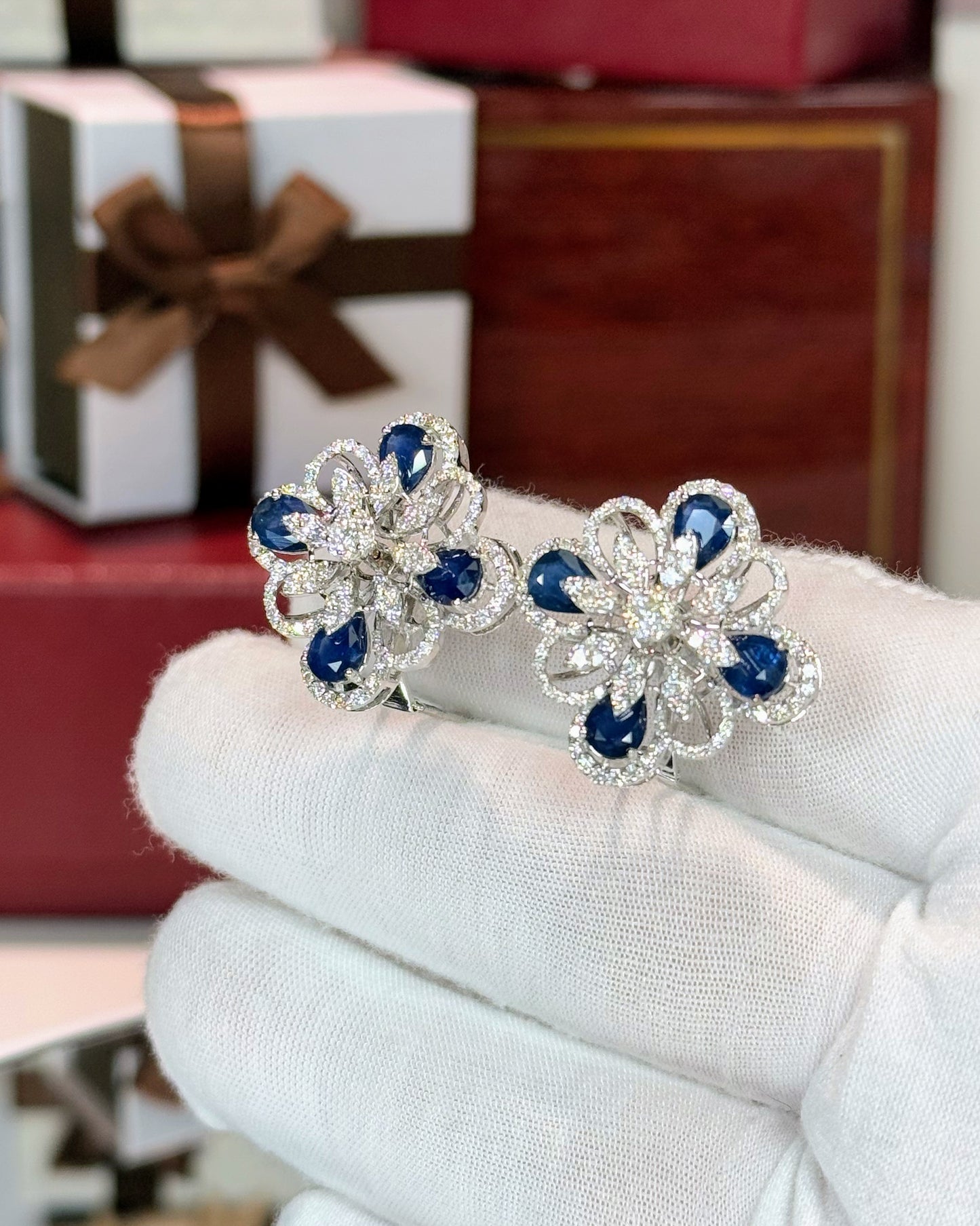 Diamond and Sapphire Flower 14k White Gold Earrings