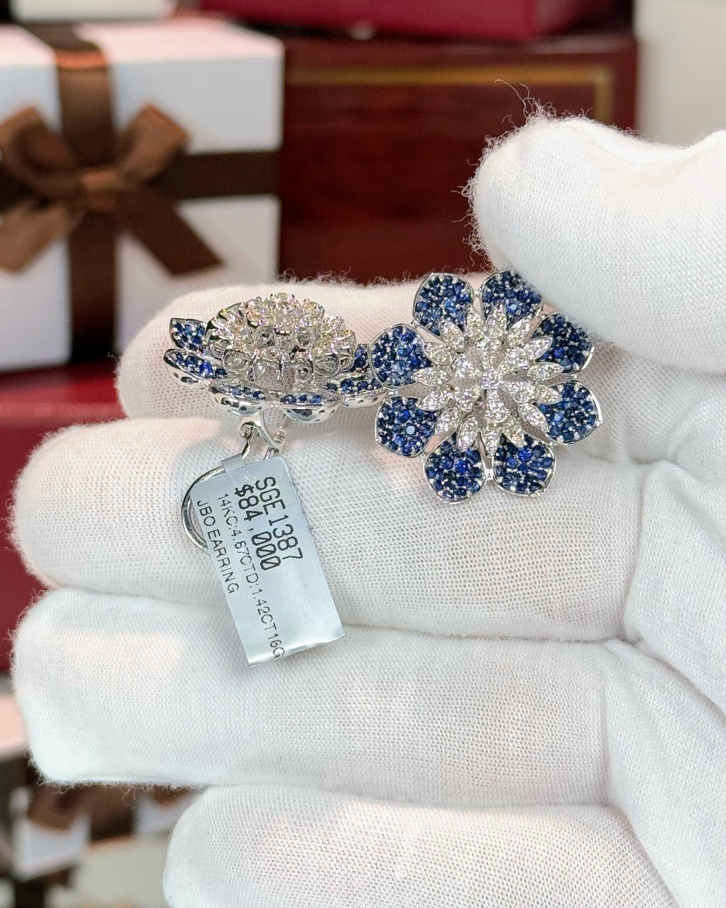 Diamond and Sapphire Flower 14k White Gold Earrings