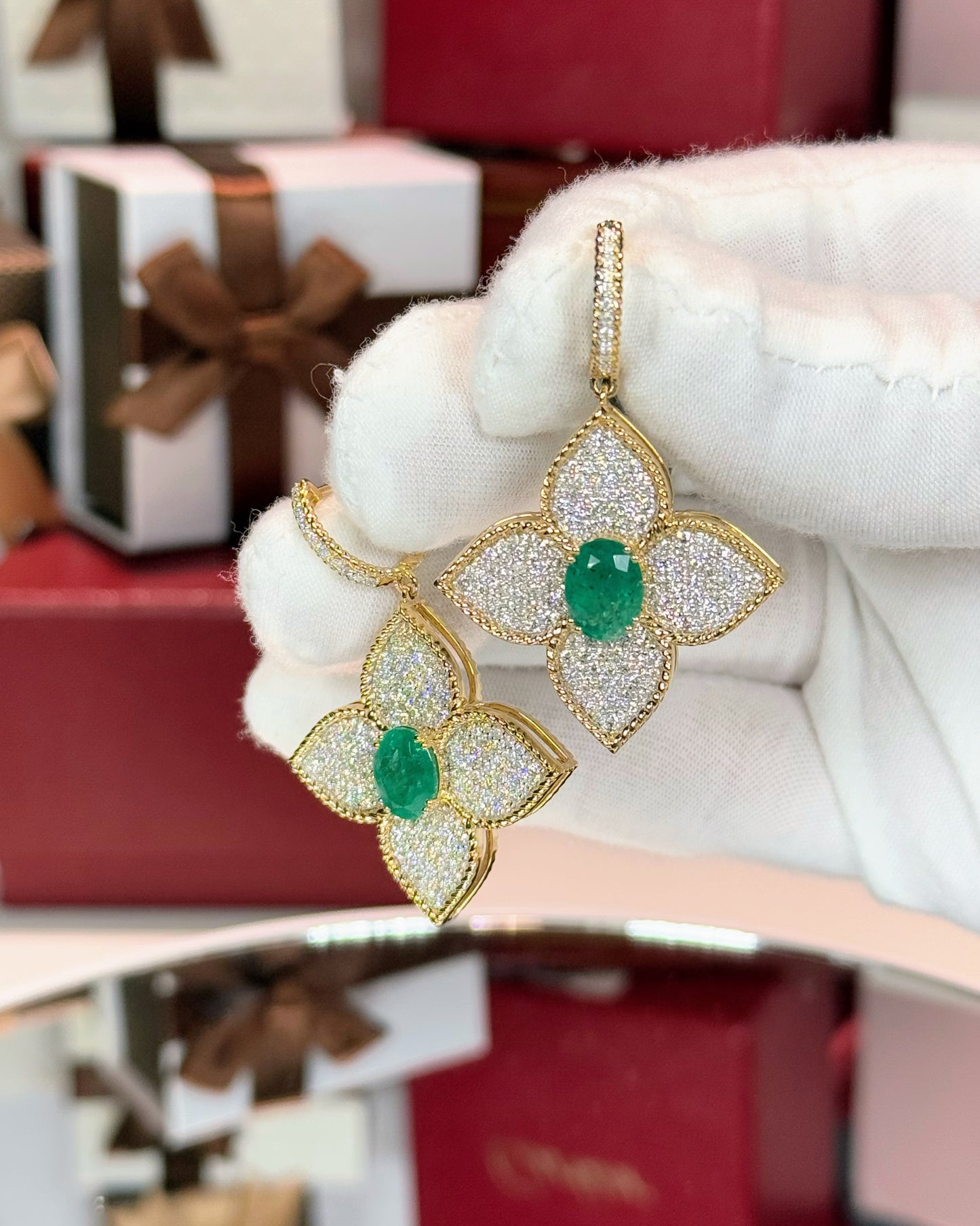 Diamond and Emerald Flower 14k Yellow Gold Earrings