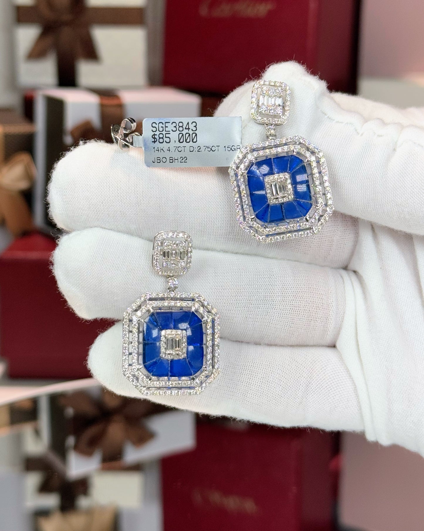 Invisible Setting Sapphire and Diamond 14k White Gold Earrings