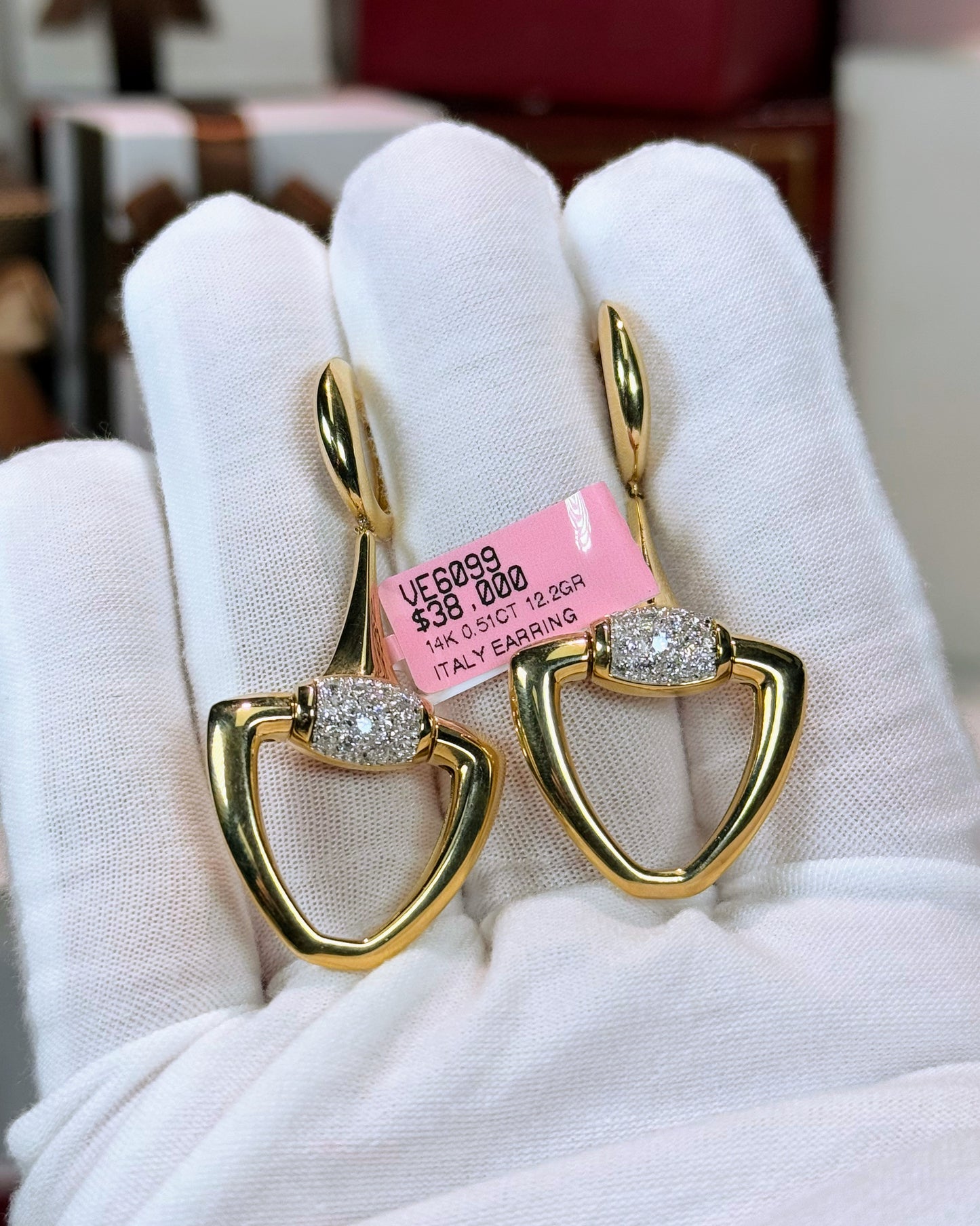 Shovel Design 14k Yellow Gold Diamond Earrings