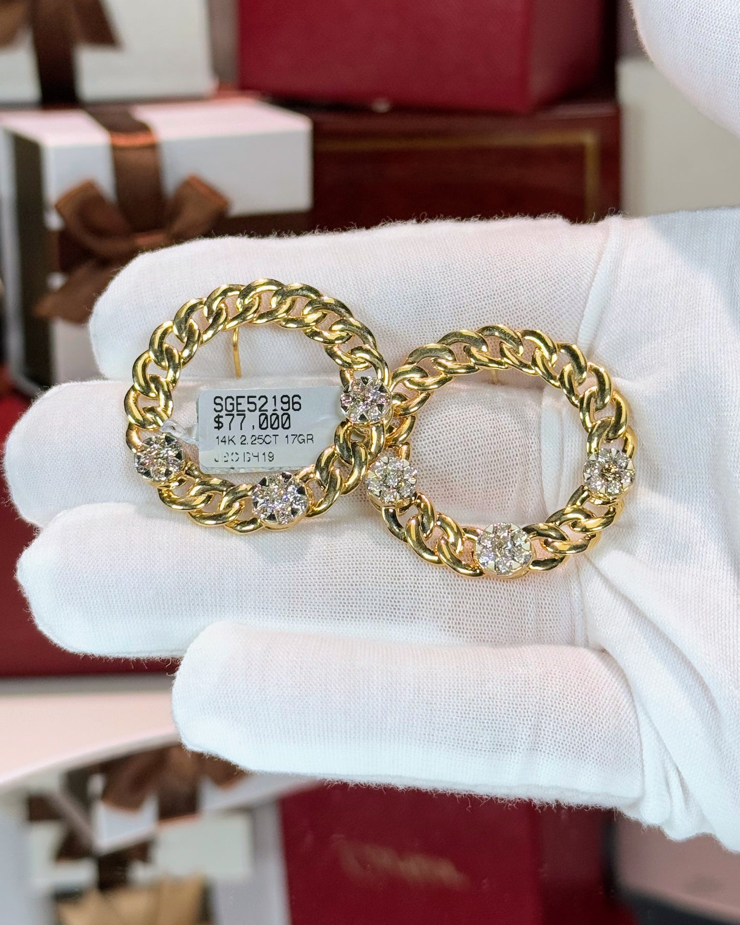 14k Yellow Gold Chain Hoop Diamond Earrings