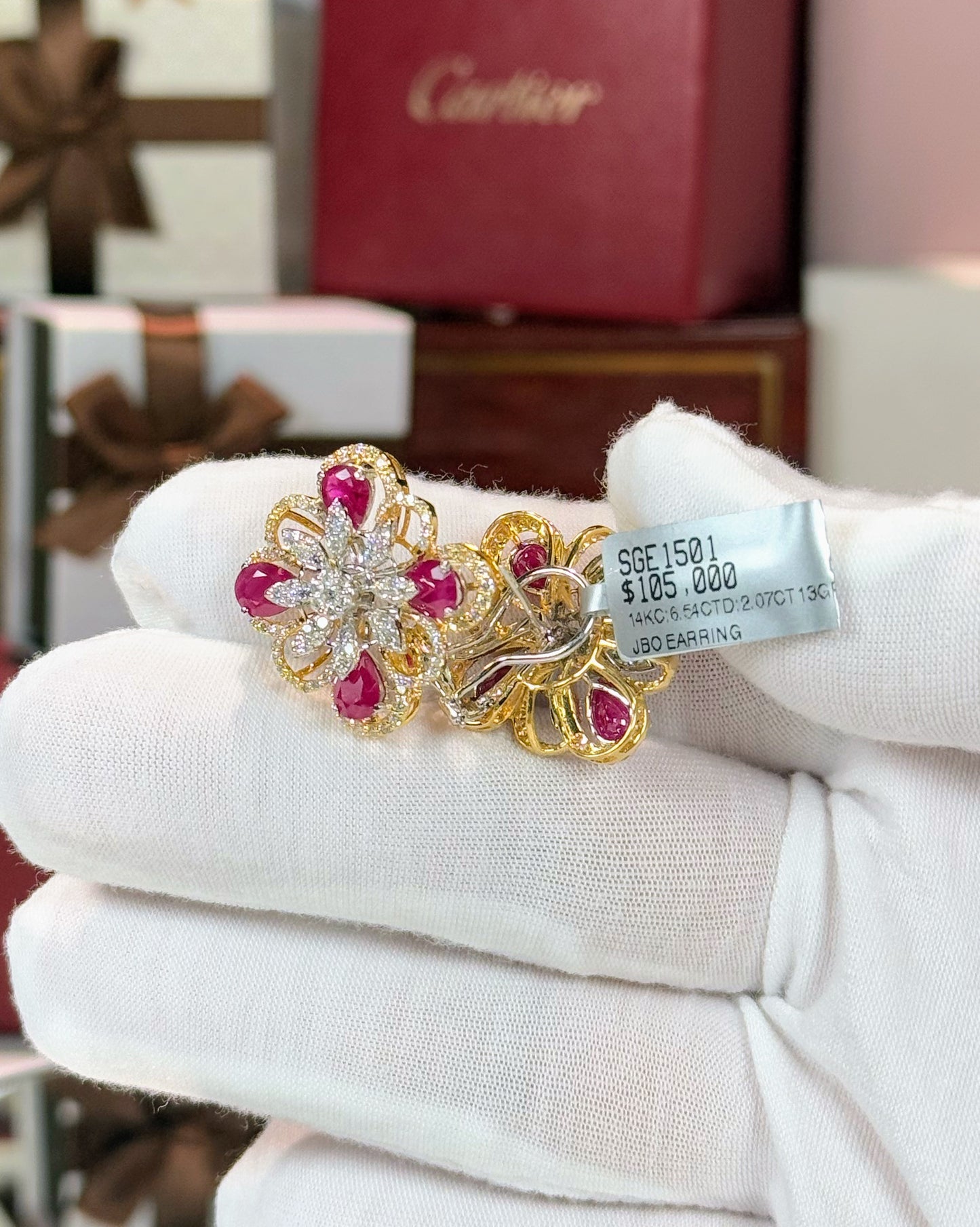 Diamond and Ruby Flower 14k Yellow Gold Earrings