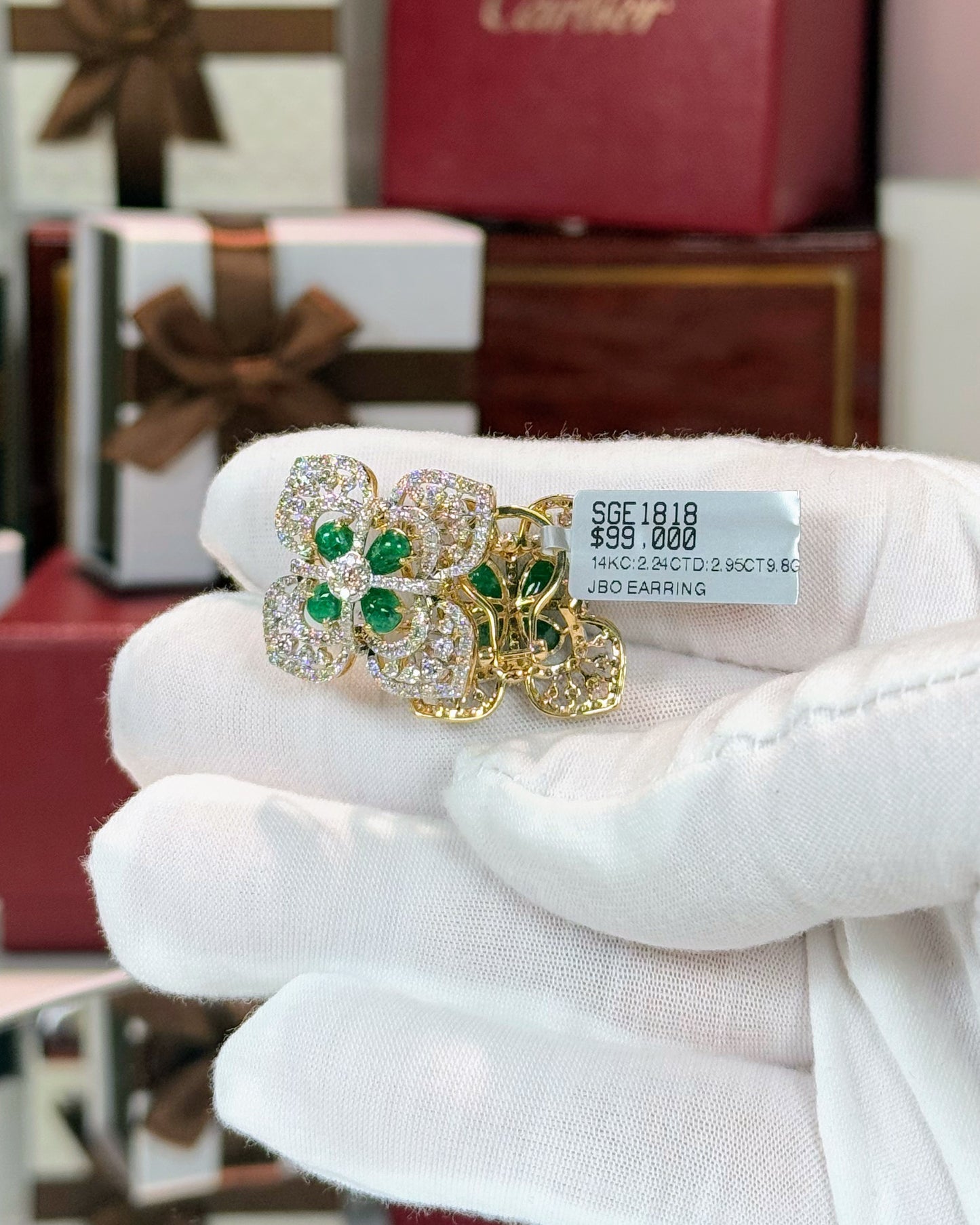 Diamond and Emerald Flower 14k Yellow Gold Earrings