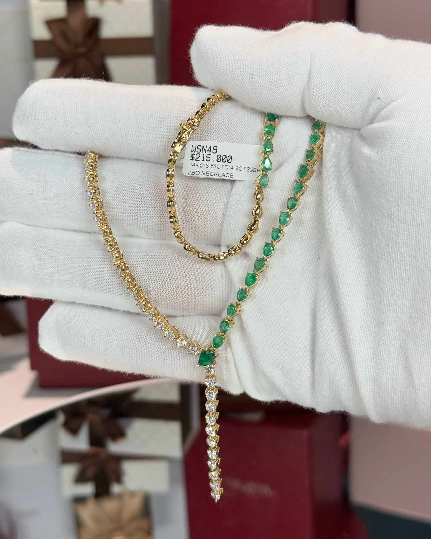 14k Yellow Gold Emerald and Diamond Lariat Necklace