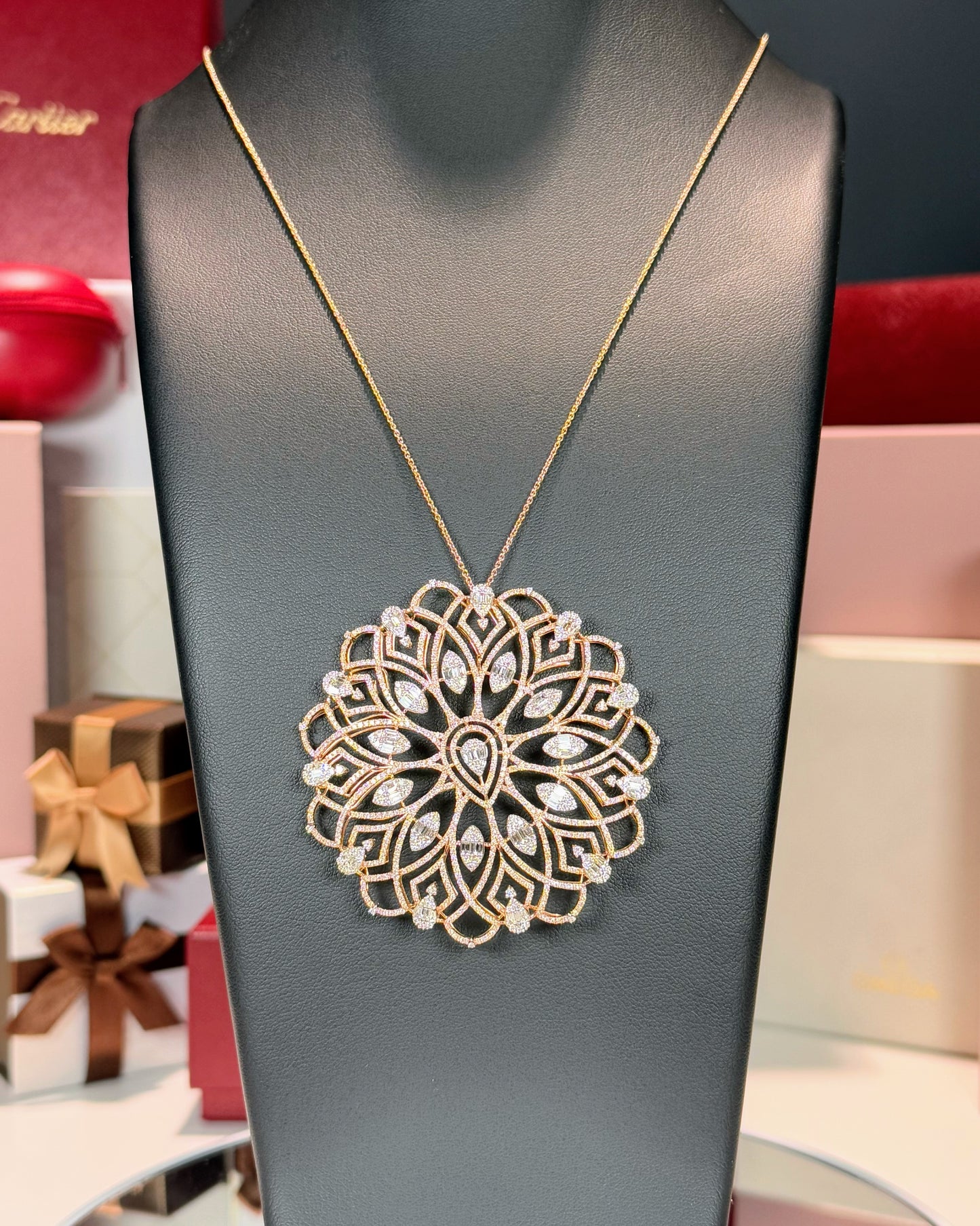 14k Rose Gold Filigree Diamond Pendant Necklace