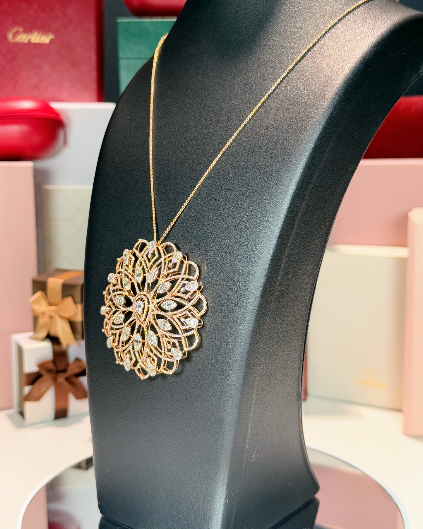 14k Rose Gold Filigree Diamond Pendant Necklace