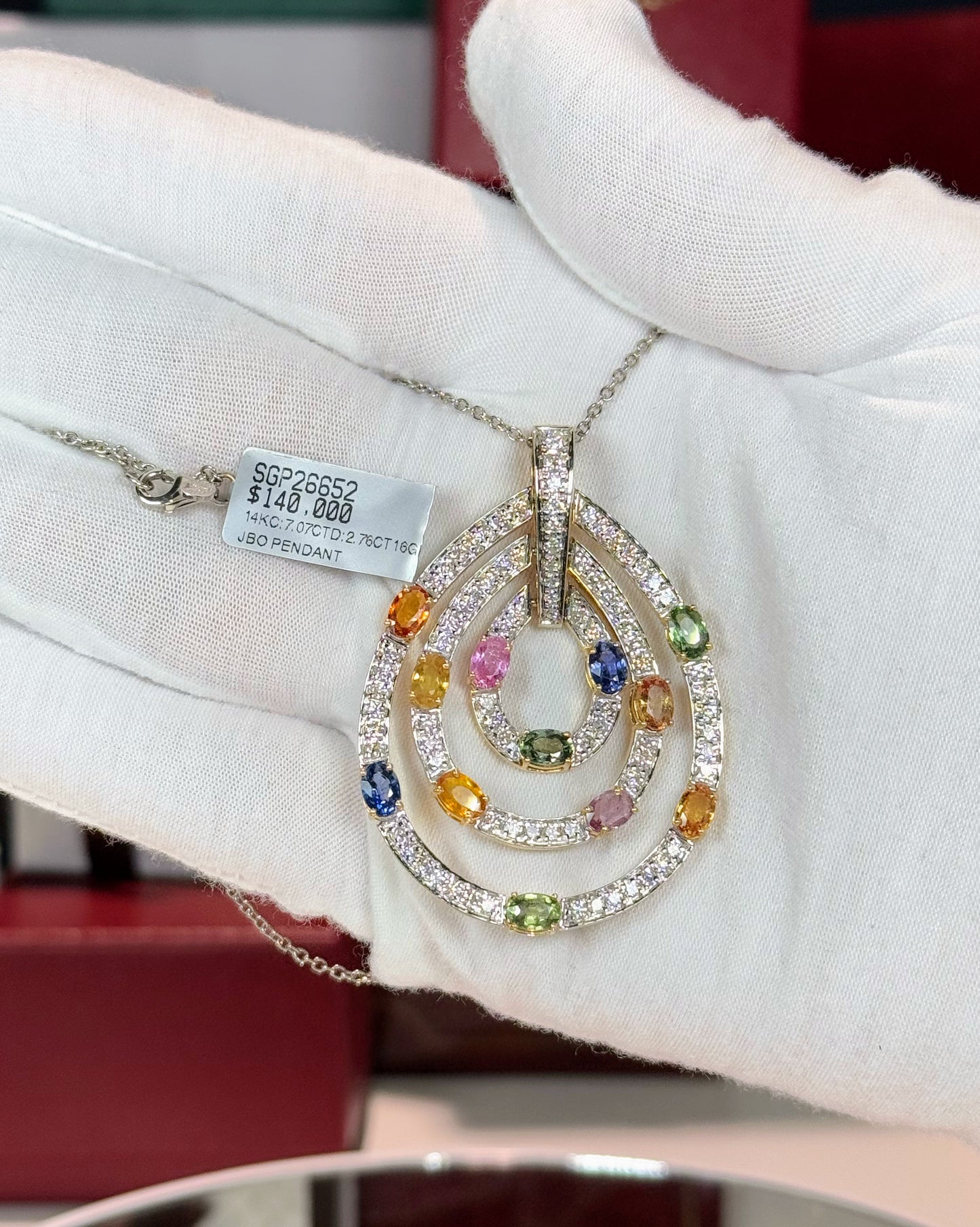 14k White Gold Assorted Color Sapphire and Diamond Pendant Necklace