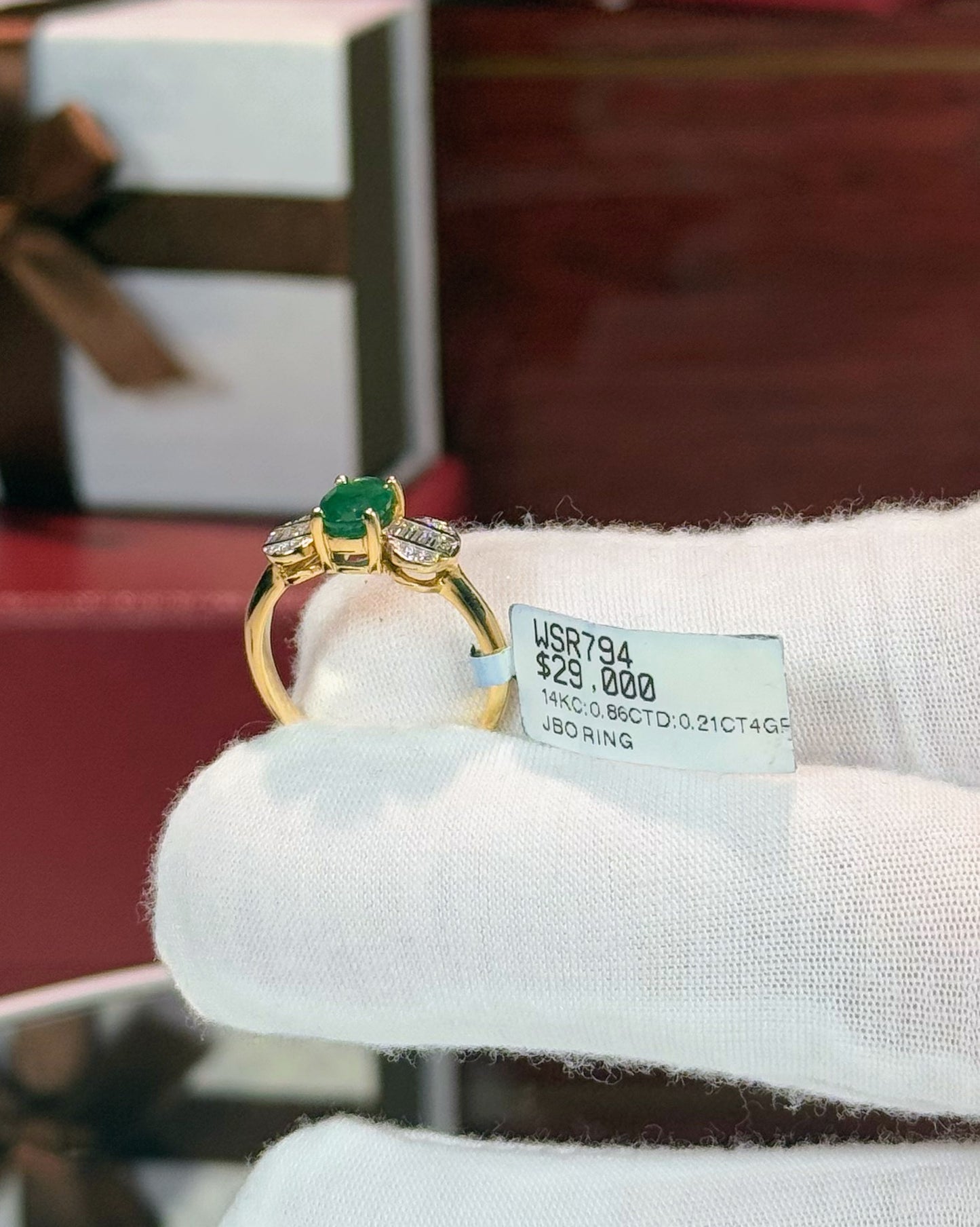 14k Yellow Gold Bowtie Design Emerald and Diamond Ring