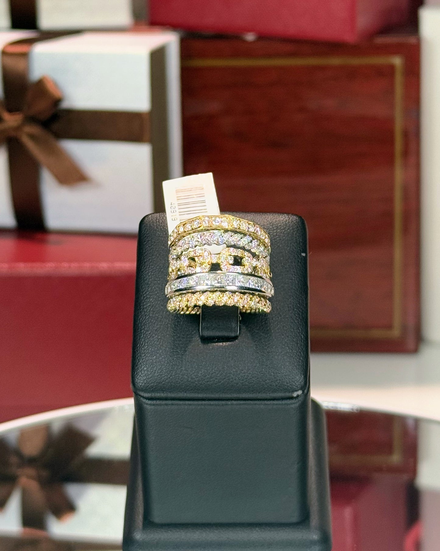 Layered Chains Design 14k Yellow Gold Diamond Ring