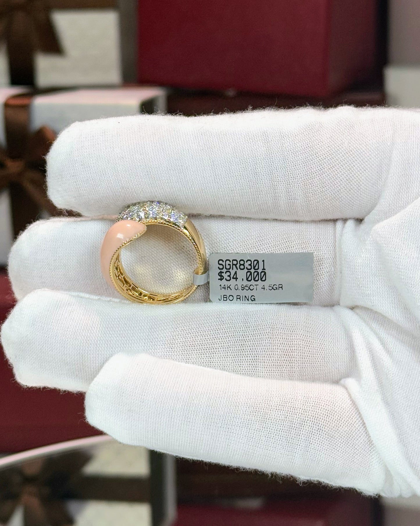 14k Yellow Gold Coral and Diamond Bypass Ring