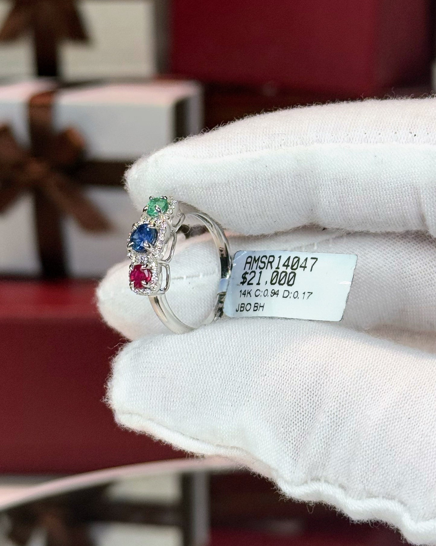 14k White Gold Three Colorstone Halo Diamond Ring
