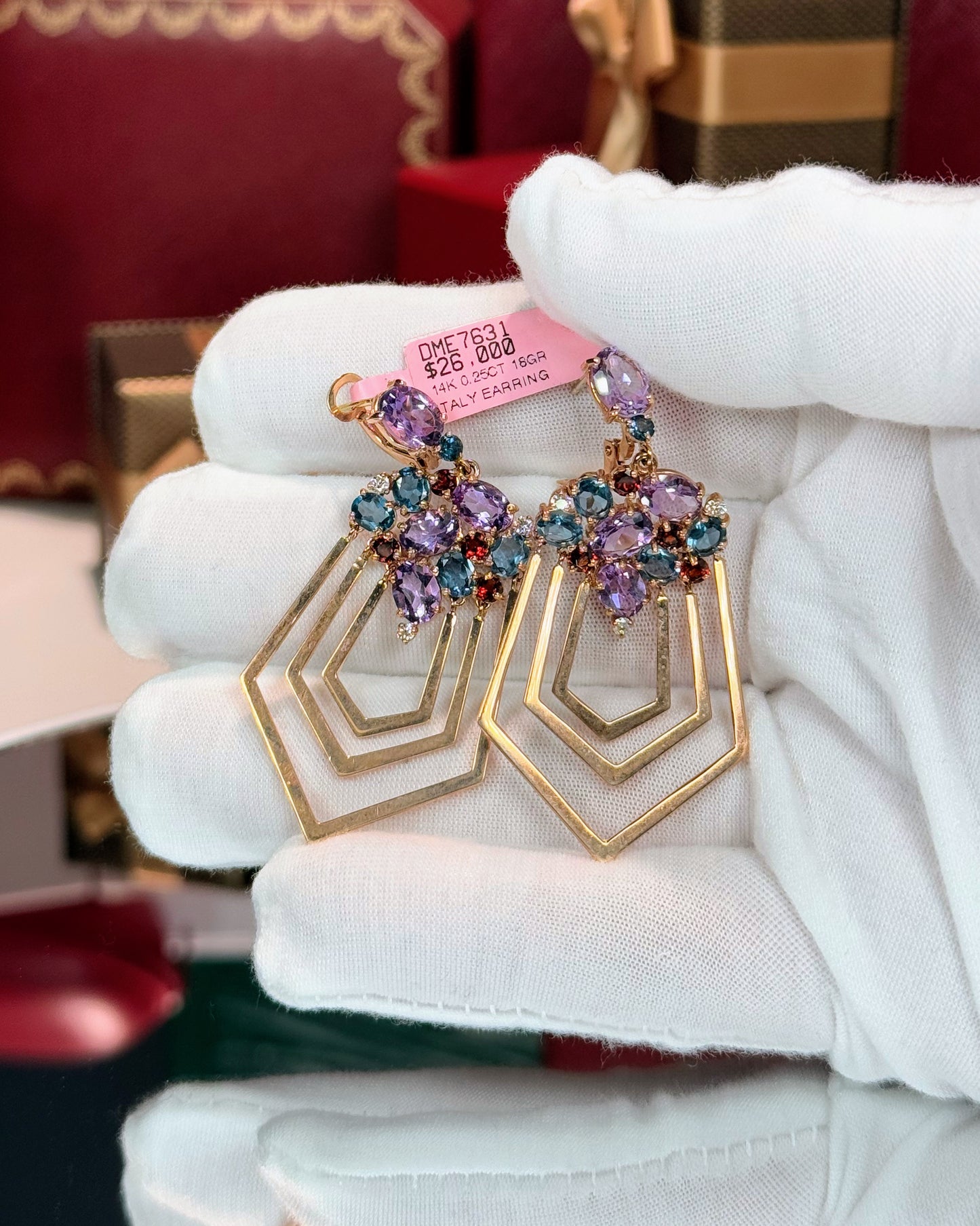 14k Rose Gold Assorted Colorstones Polygon Earrings