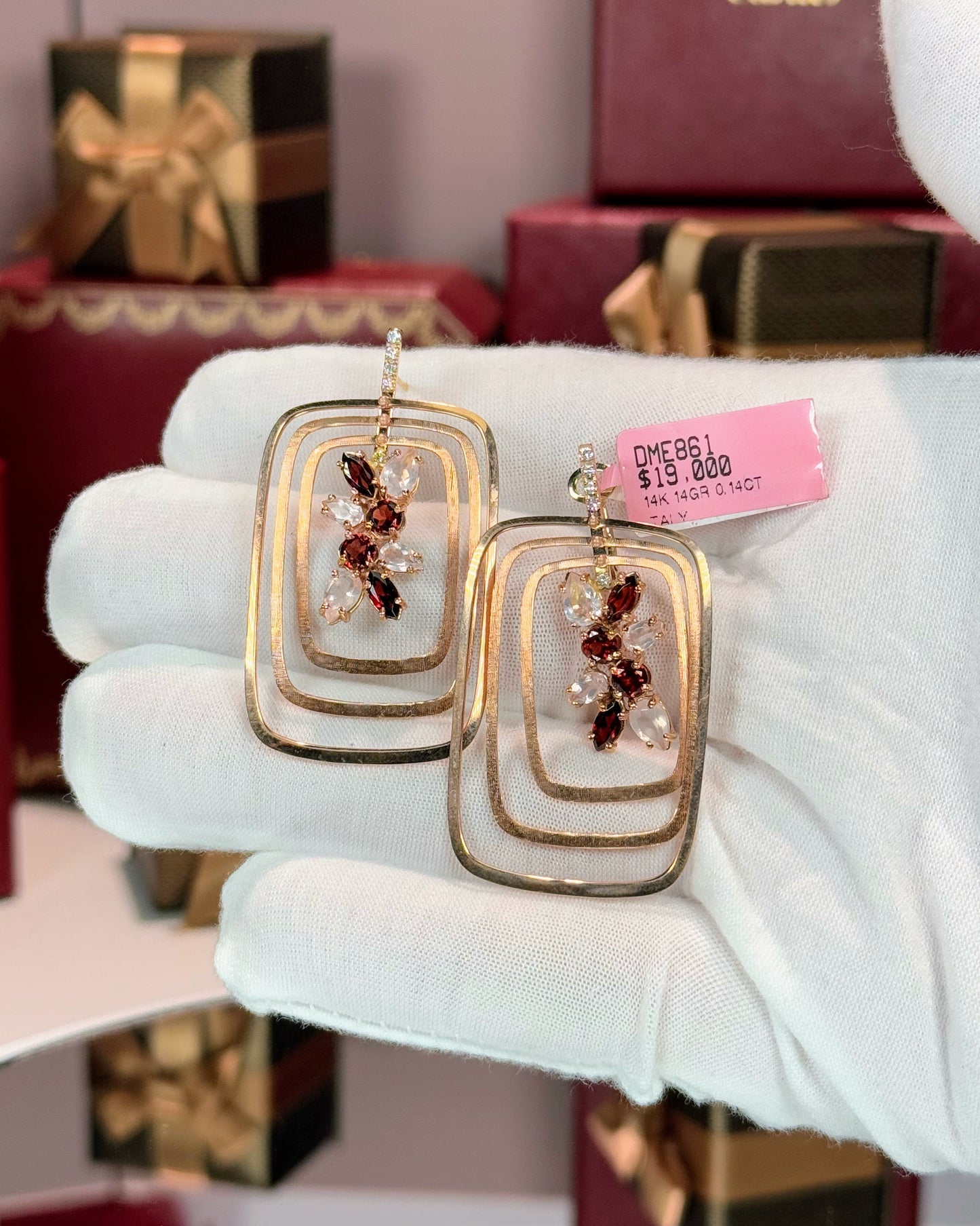 14k Rose Gold Garnet and Moonstone Rectangle Earrings