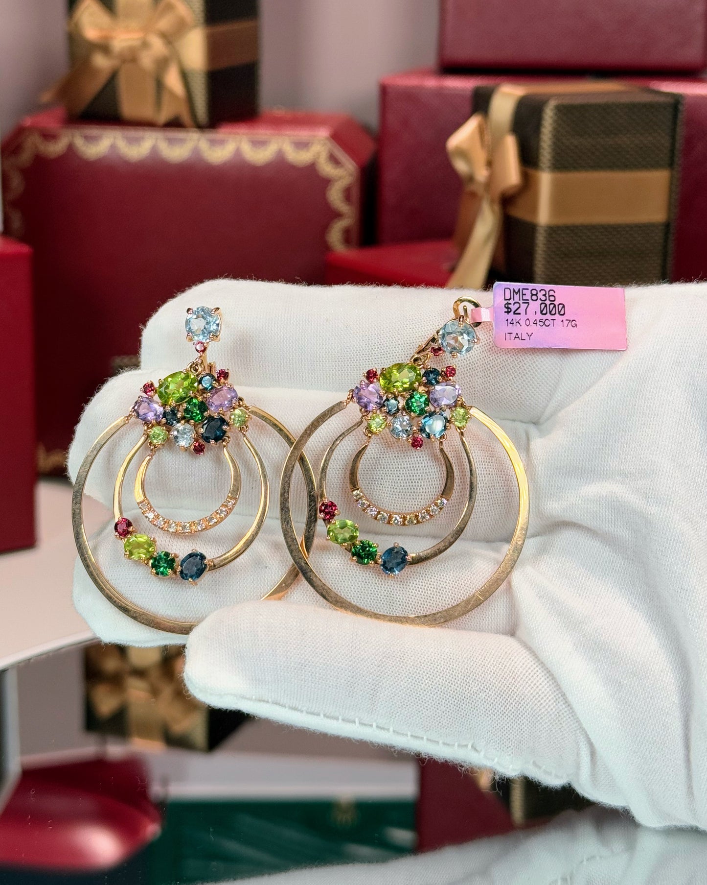14k Rose Gold Assorted Colorstones Circle Earrings