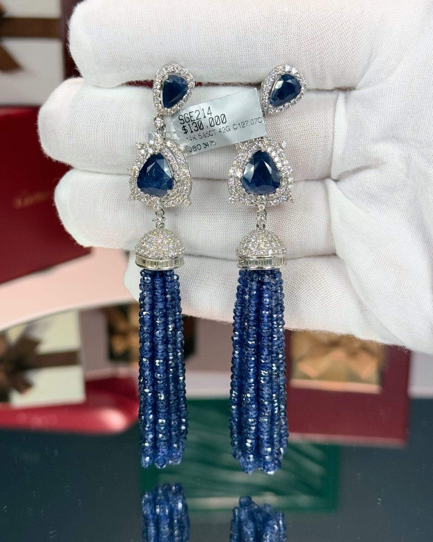 14k White Gold Sapphire Tassel Earrings