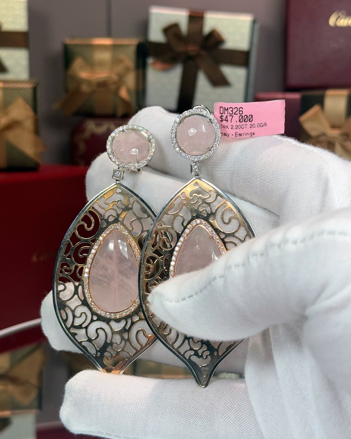 Rose Quartz 14k Yellow Gold Filigree Earrings